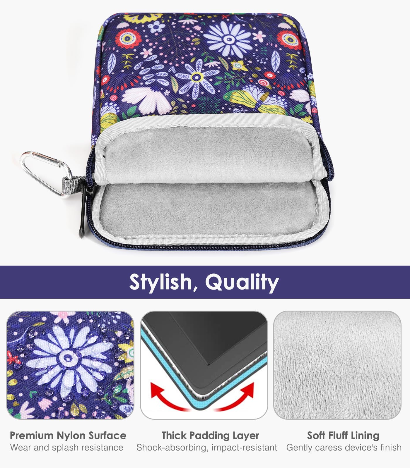 Moko Padded Ereader Sleeve Case For 6 7 Inch Tablet Bag, Protective Cover Pouch With Carabiner, Compatible With 7'' Ereader, Lig