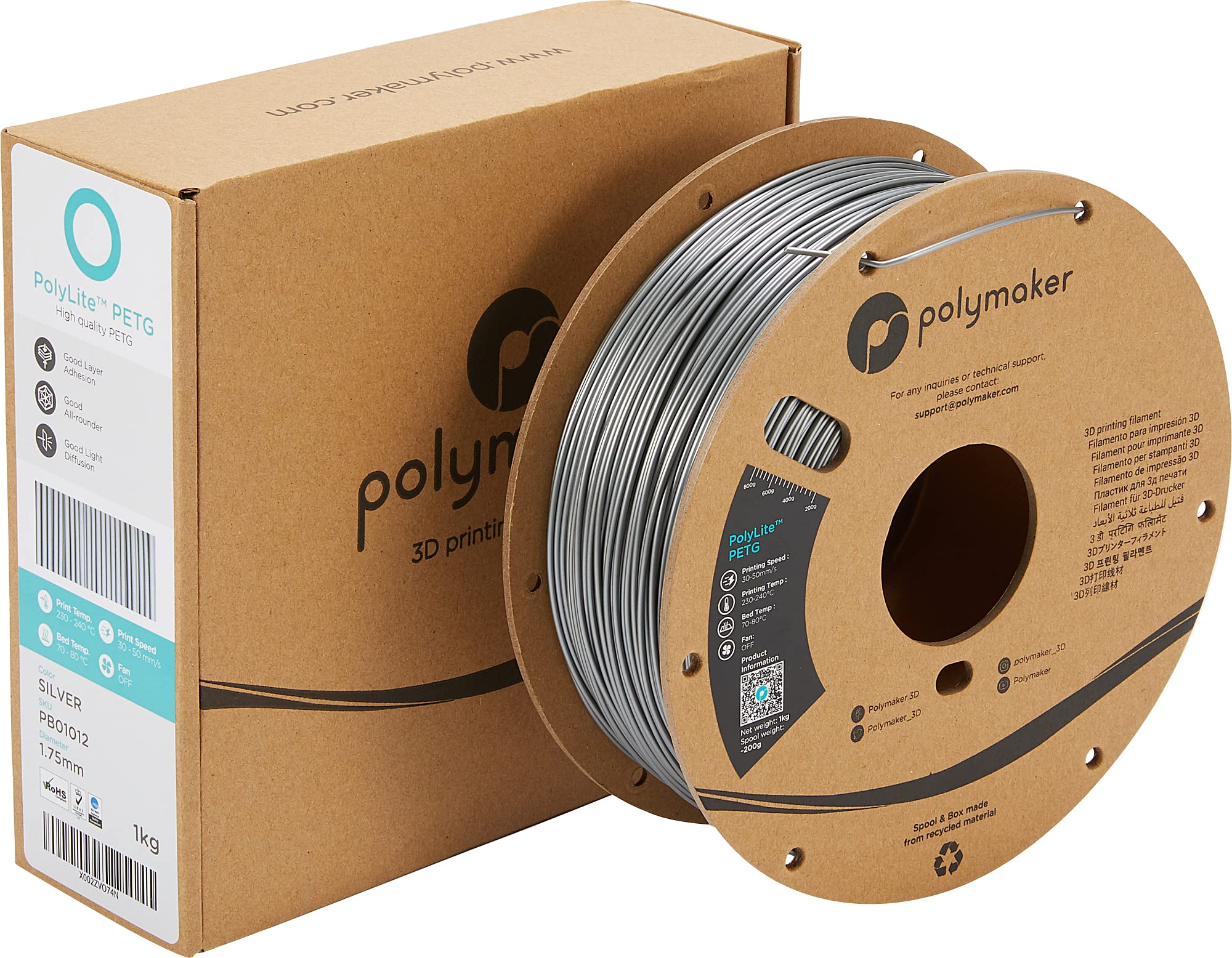 Polymaker Petg Filament 1.75Mm, 1Kg Strong Petg 3D Printer Filament Silver   Polylite Petg Silver 3D Printing Filament 1.75Mm, D