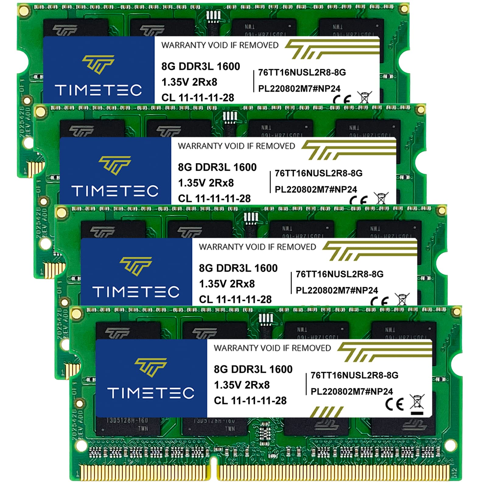 Timetec 32Gb Kit(4X8Gb) Ddr3L / Ddr3 1600Mhz (Ddr3L 1600) Pc3L 12800 / Pc3 12800 Non Ecc Unbuffered 1.35V/1.5V Cl11 2Rx8 Dual Ra