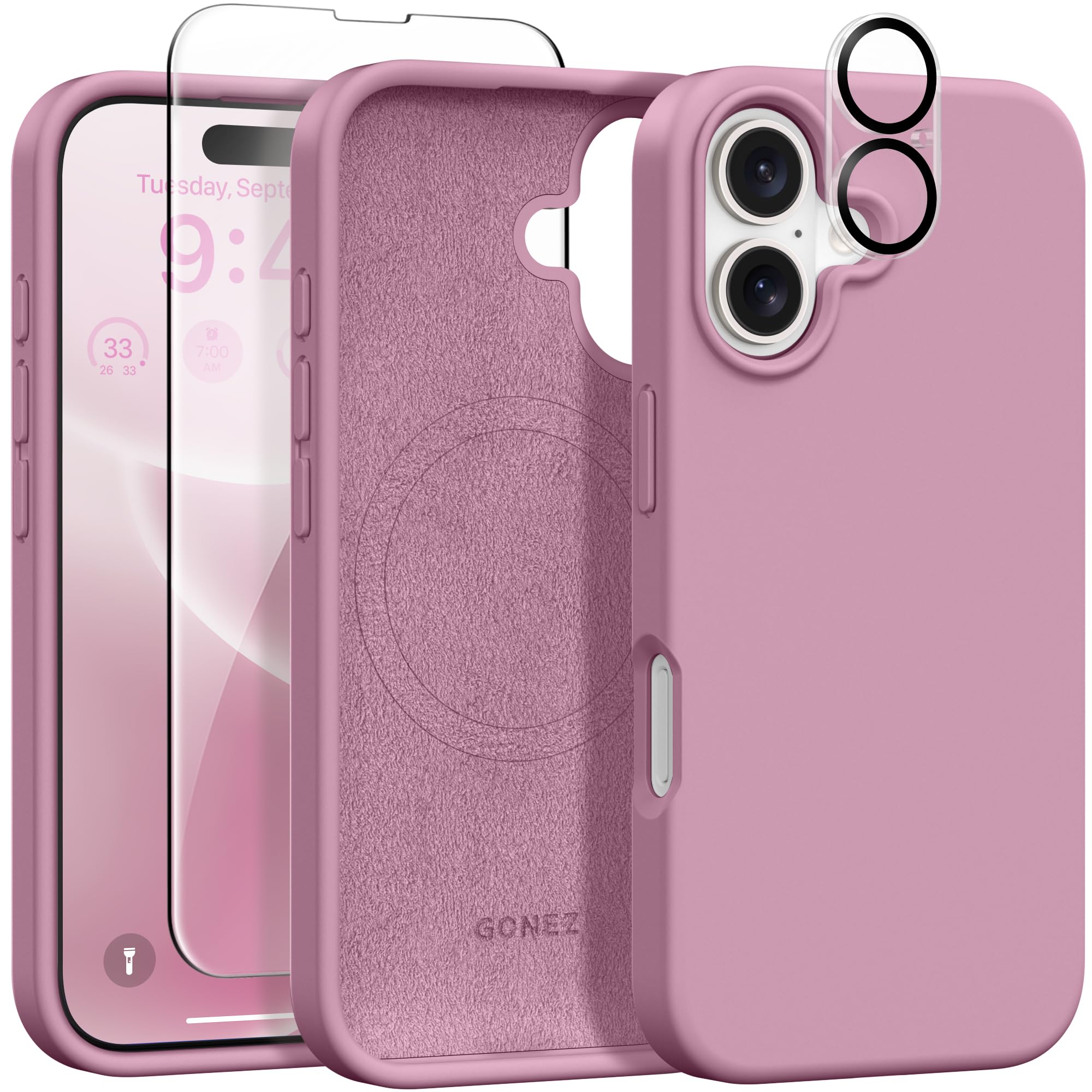 GONEZ Magnetic for iPhone 16 Case, [Compatible with Magsafe] [2X Screen Protector + 2X Camera Lens Protector], Liquid Silicone S