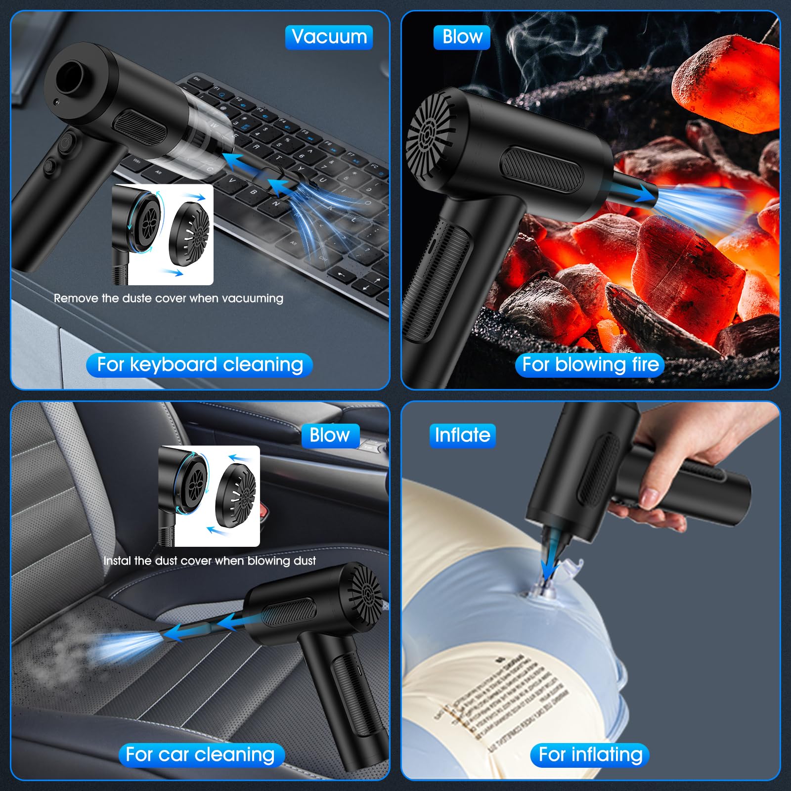 Kopidoe Compressed Air Duster, 100000Rpm Handheld Car Vacuum/Air Blower& Pump, 3 Gear Adjustable Electric Air Duster/Car Vacuum