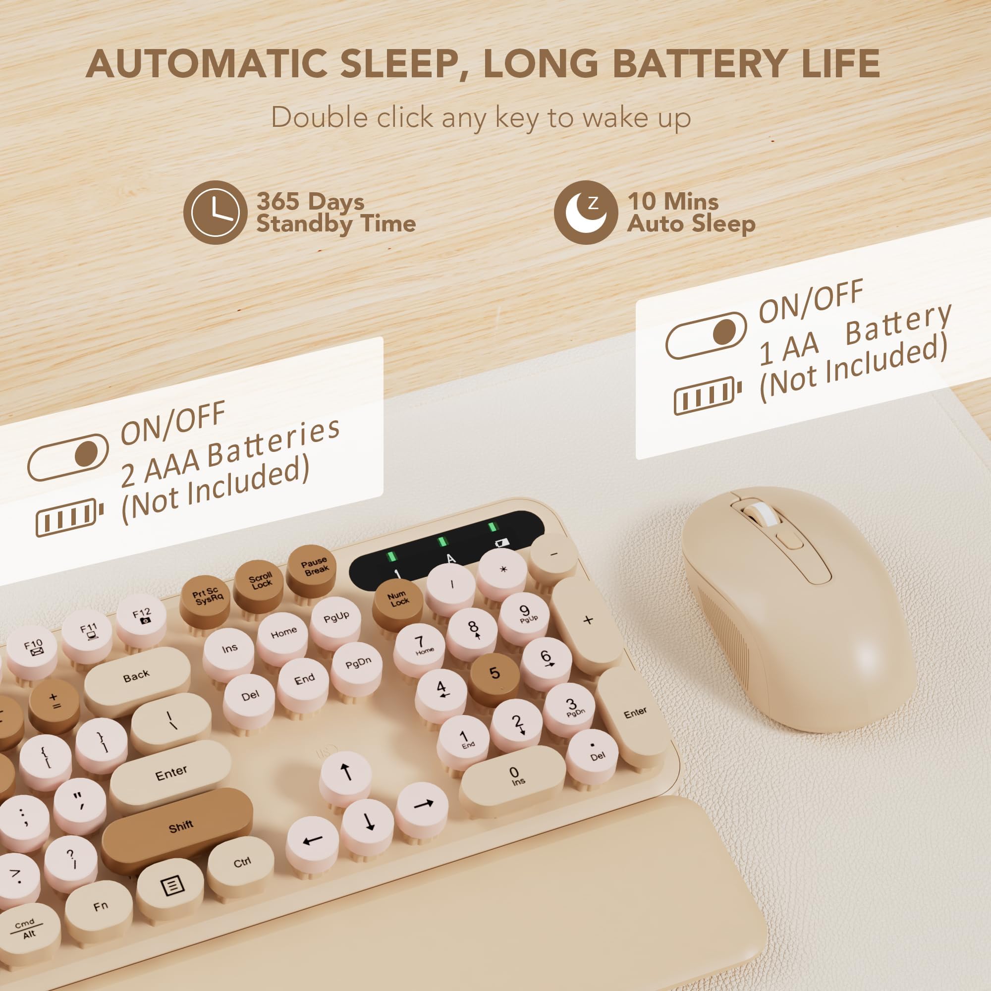Wireless Keyboard And Mouse Combo, Round Keycaps, Full Size Retro Typewriter Keyboard With Detachable Wrist Rest, Sleep Mode & T