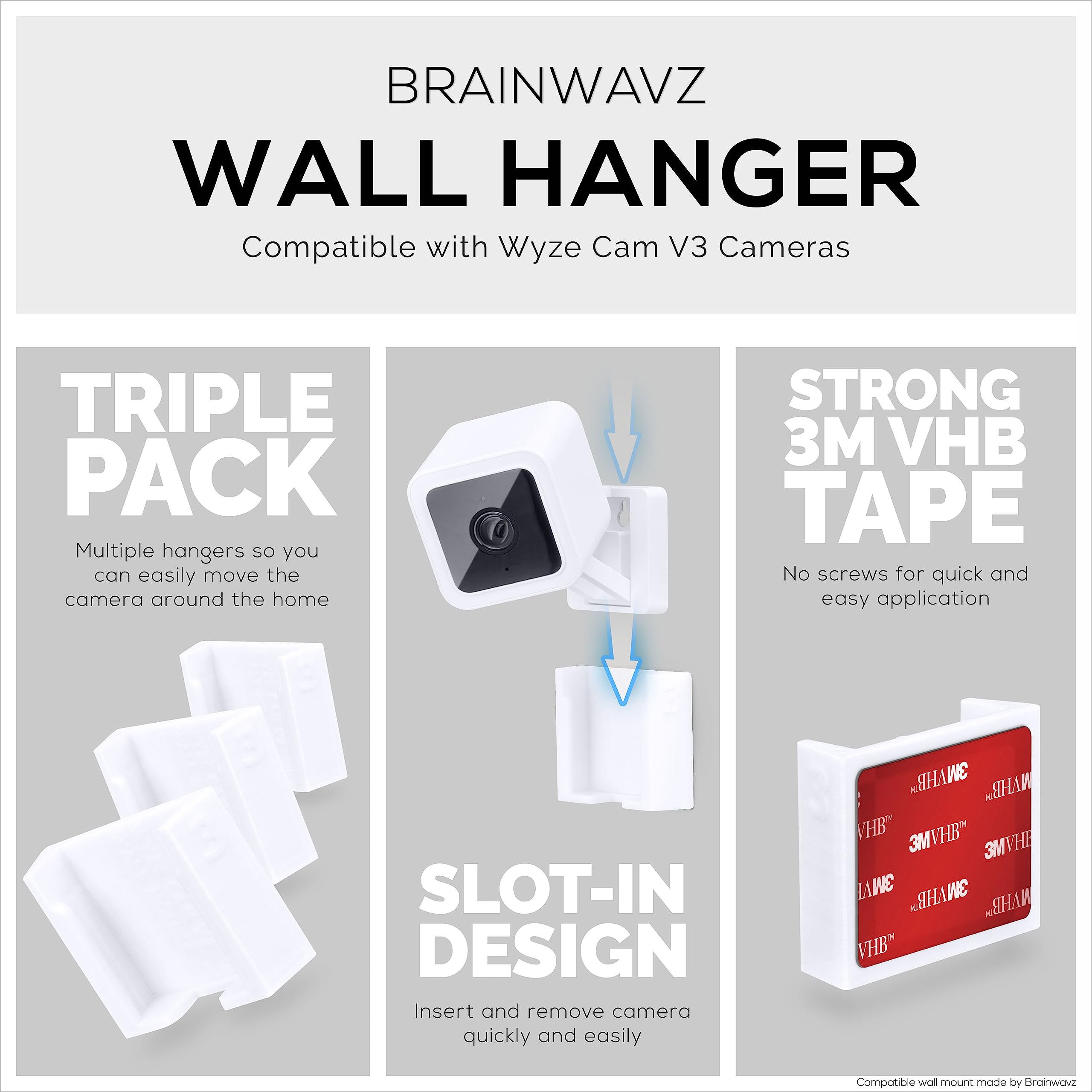 Brainwavz 3 Pack Wall Mount For Wyze Cam V3 & V4, Adhesive Vhb Stick On   Easy To Install, No Tools Needed, No Mess, No Drilling