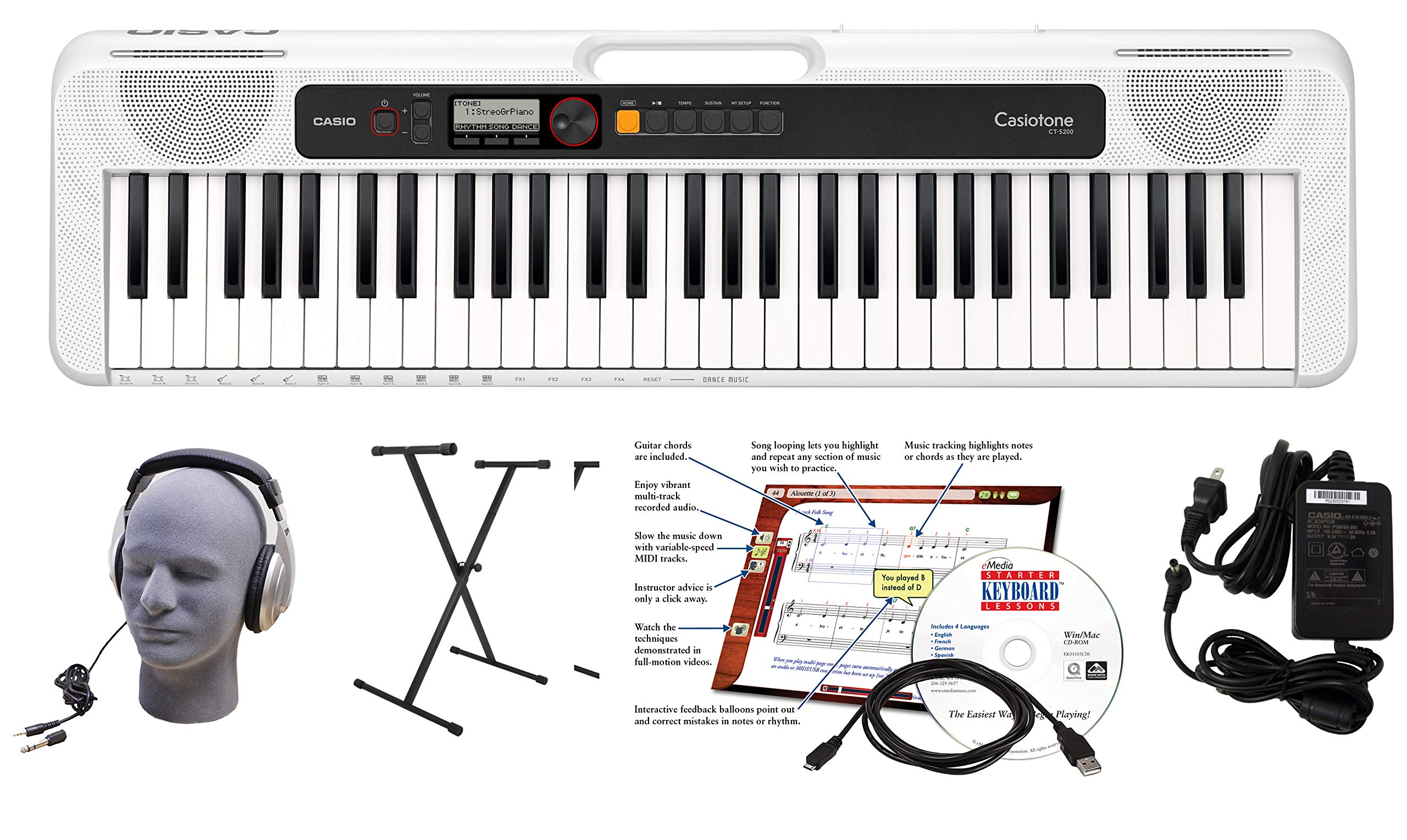 Casio Ct S200We 61 Key Premium Keyboard Package With Headphones, Stand, Power Supply, 6 Foot Usb Cable And Emedia Instructional