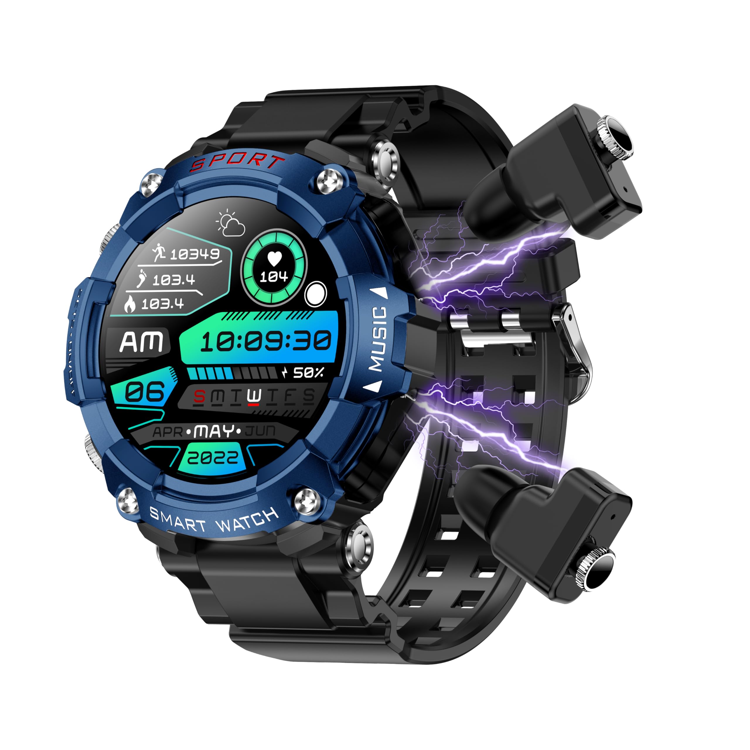 Atevix Smart Watch With Earbuds For Men, 1.52 Inch Round Fitness Watch T96, 2 In 1 Bluetooth Watch With Step,Calories, Sports Sm