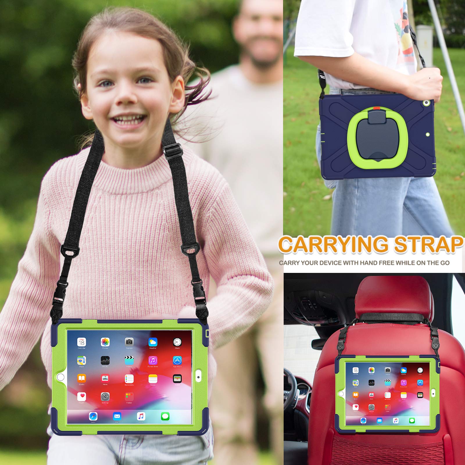 Braecn Kids Shockproof Hard Case For Ipad 10.2 Navy+Green, With Anti Scratch Screen Protector, Pencil Holder, Carrying Strap, An