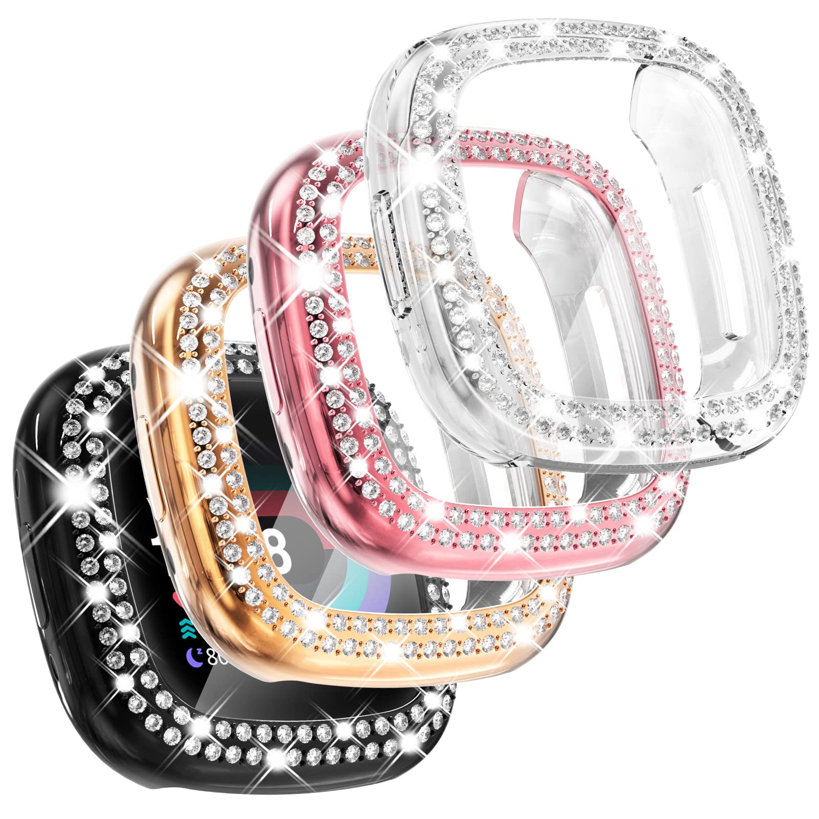 Chanchy 4 Pack Compatible With Fitbit Versa 4 Screen Protector Case, Soft Tpu Full Protective Case Cover Bumper Bling Crystal Di