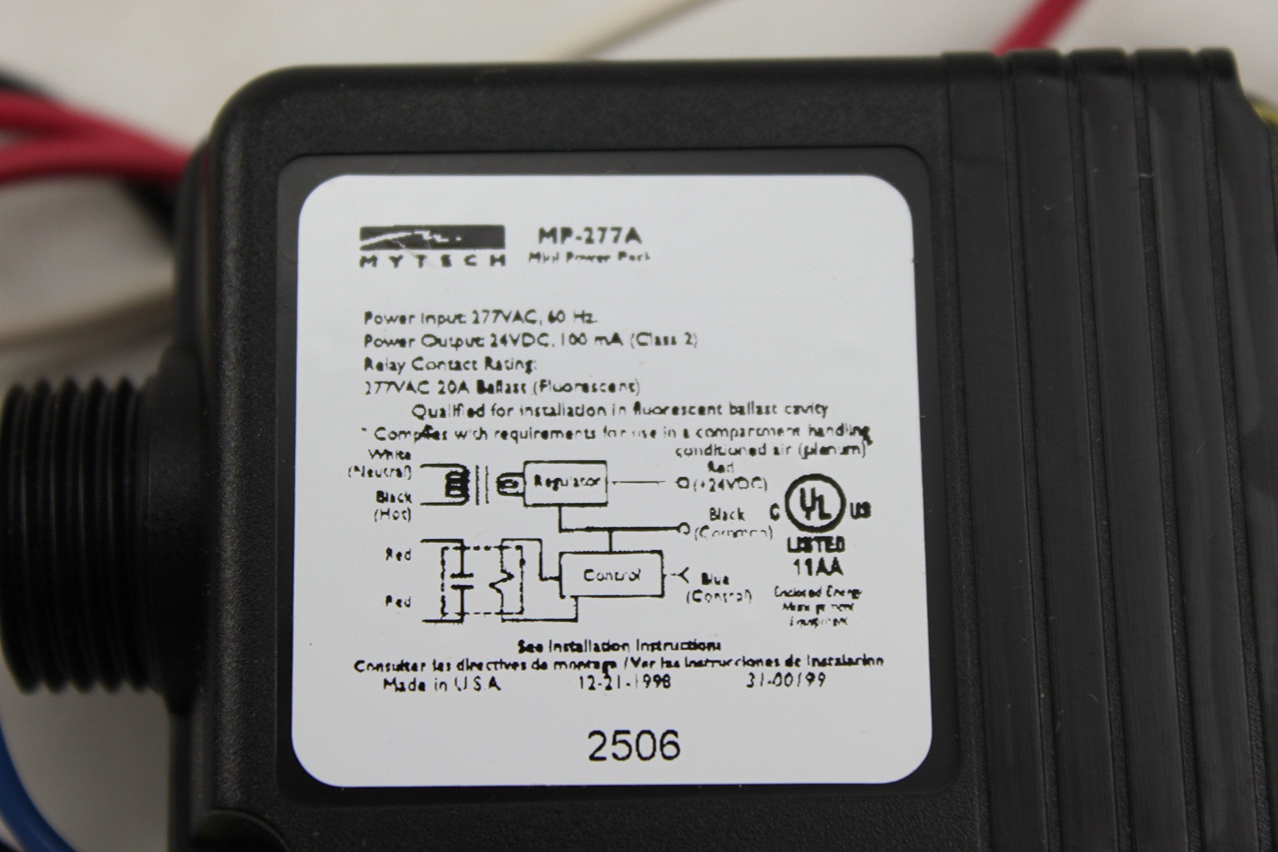 Hubbell Mytech Electrical Mp277A Power Pack Relay Switch, 277 Vac, 24Vdc Control Input Mounting Fixt