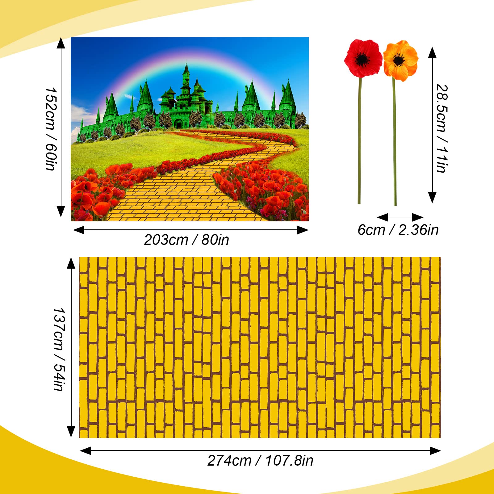 Outus 16 Pcs Yellow Brick Runner Yellow Brick Backdrop Castle Backdrop Floral Rainbow Photography Background Artificial Red Oran