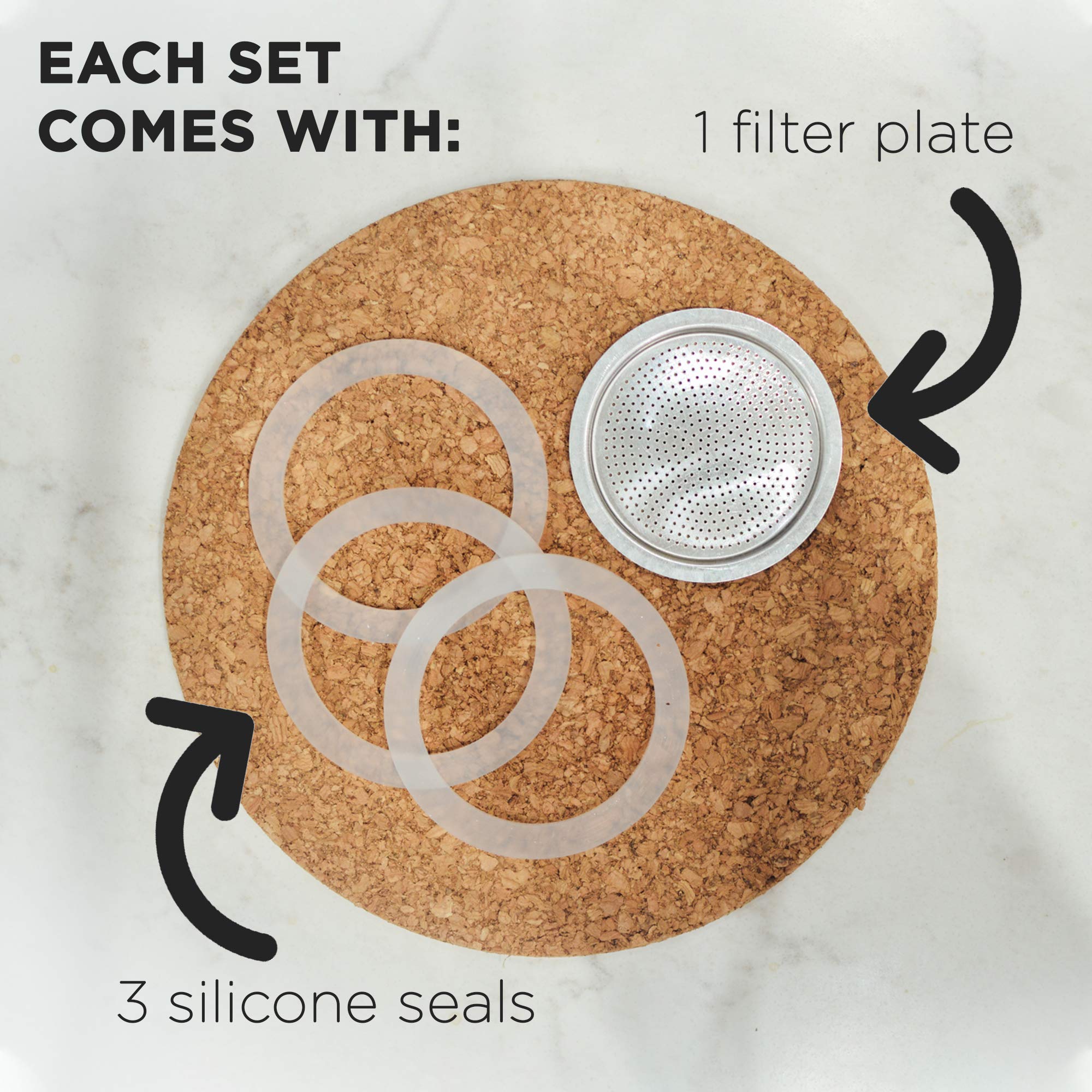 Grosche Milano Stovetop Espresso Maker Replacement   6 Espresso Cup Size Silicone Gasket Seals (3 Seals) & 1 Replacement Filter