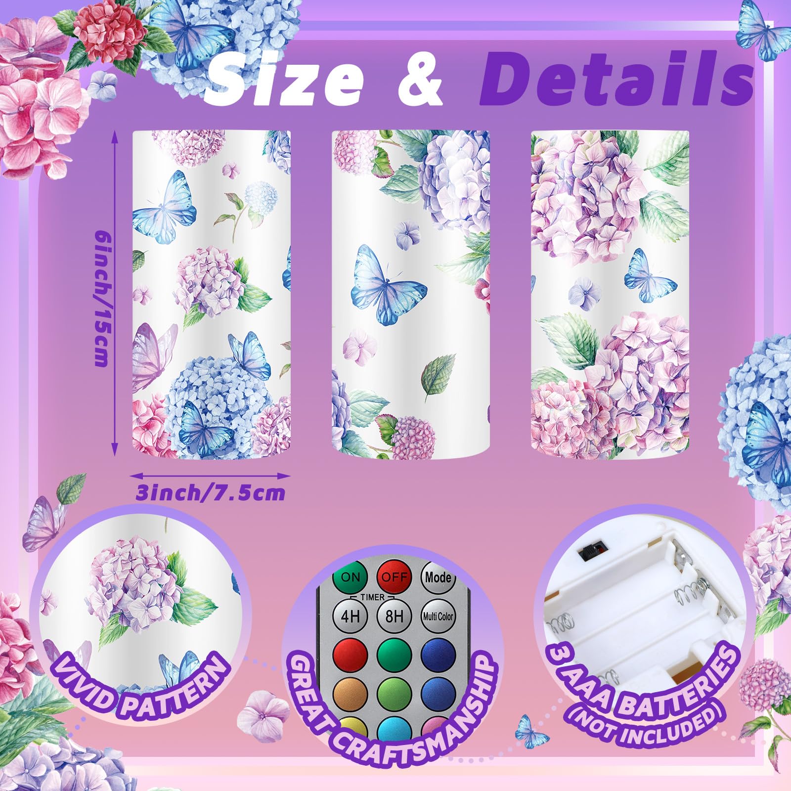 Roceei 3 Pcs Flameless Candles Led Candles Battery Operated Butterfly Flickering Real Wax Candles With Remote Floral Spring Deco