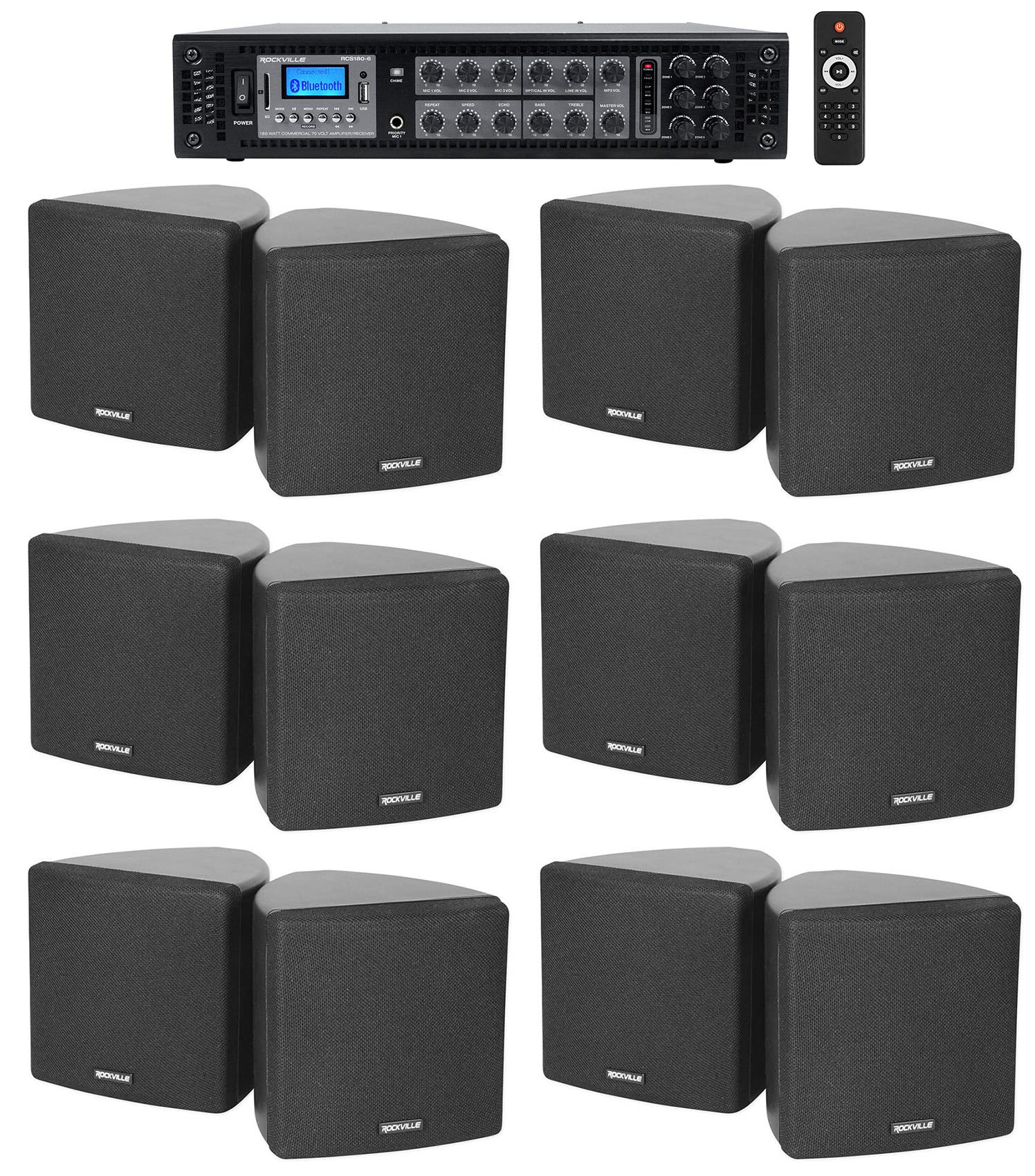 Rockville RCS180-6 Bundle: 180 Watt 6-Zone 70V Commercial/Restaurant Amplifier with Bluetooth, (6) Cube 3.5 Black Commercial 70V