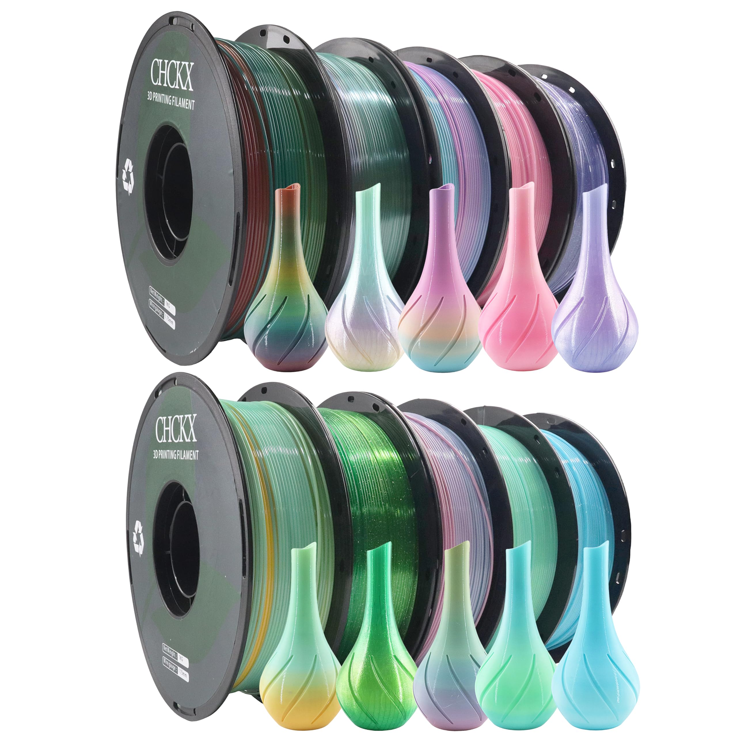 CHCKX PETG Rainbow 3D Printer Filament Bundle, 10 Rolls Dimensional Accuracy +/- 0.03 mm, 10kg Spool(22lbs), 1.75 mm Fit for Mos