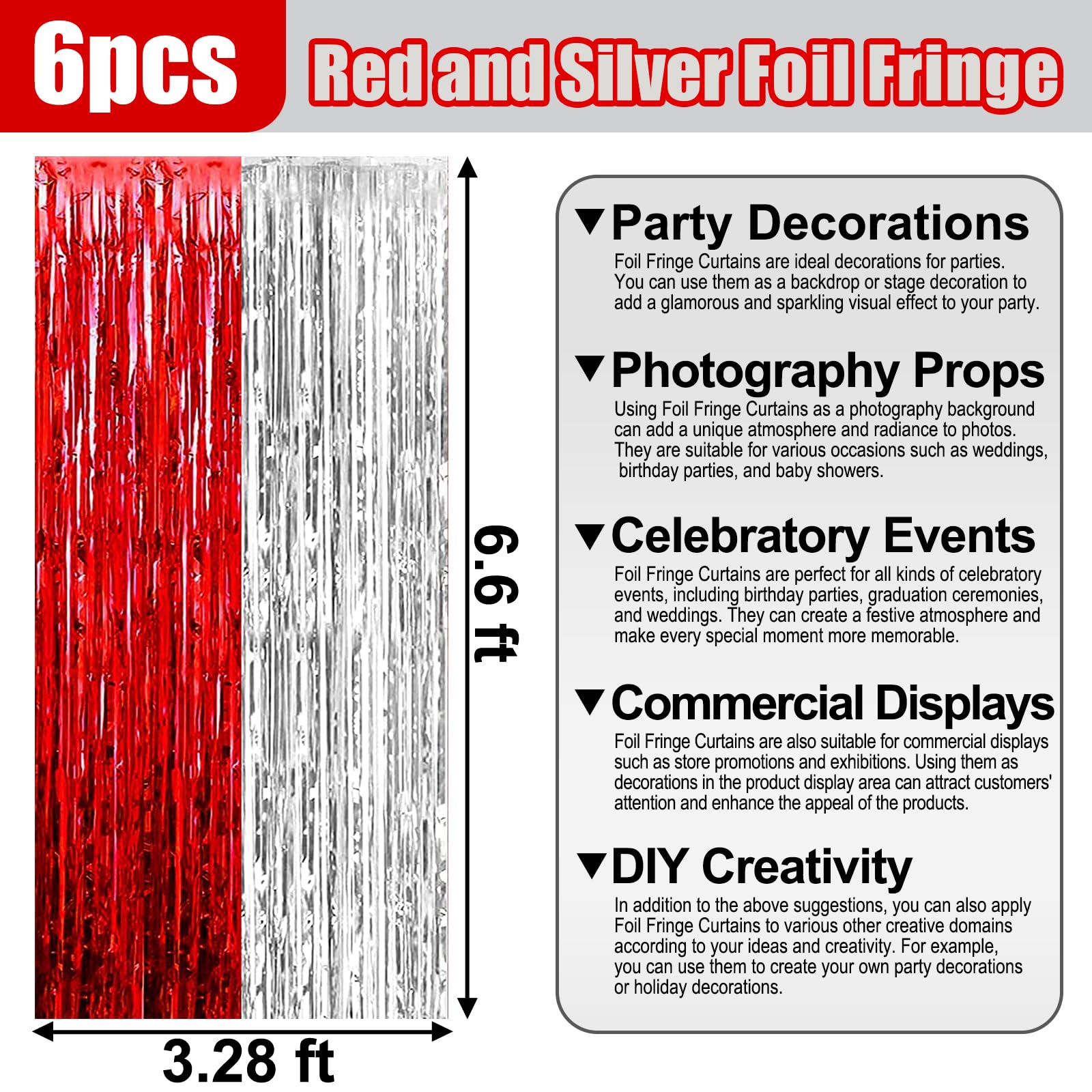 6 Pack Red Silver Foil Fringe Curtain Backdrop, 3.28Ft X 6.6Ft Metallic Tinsel Foil Fringe Streamer Curtains For Photo Booth, Ch