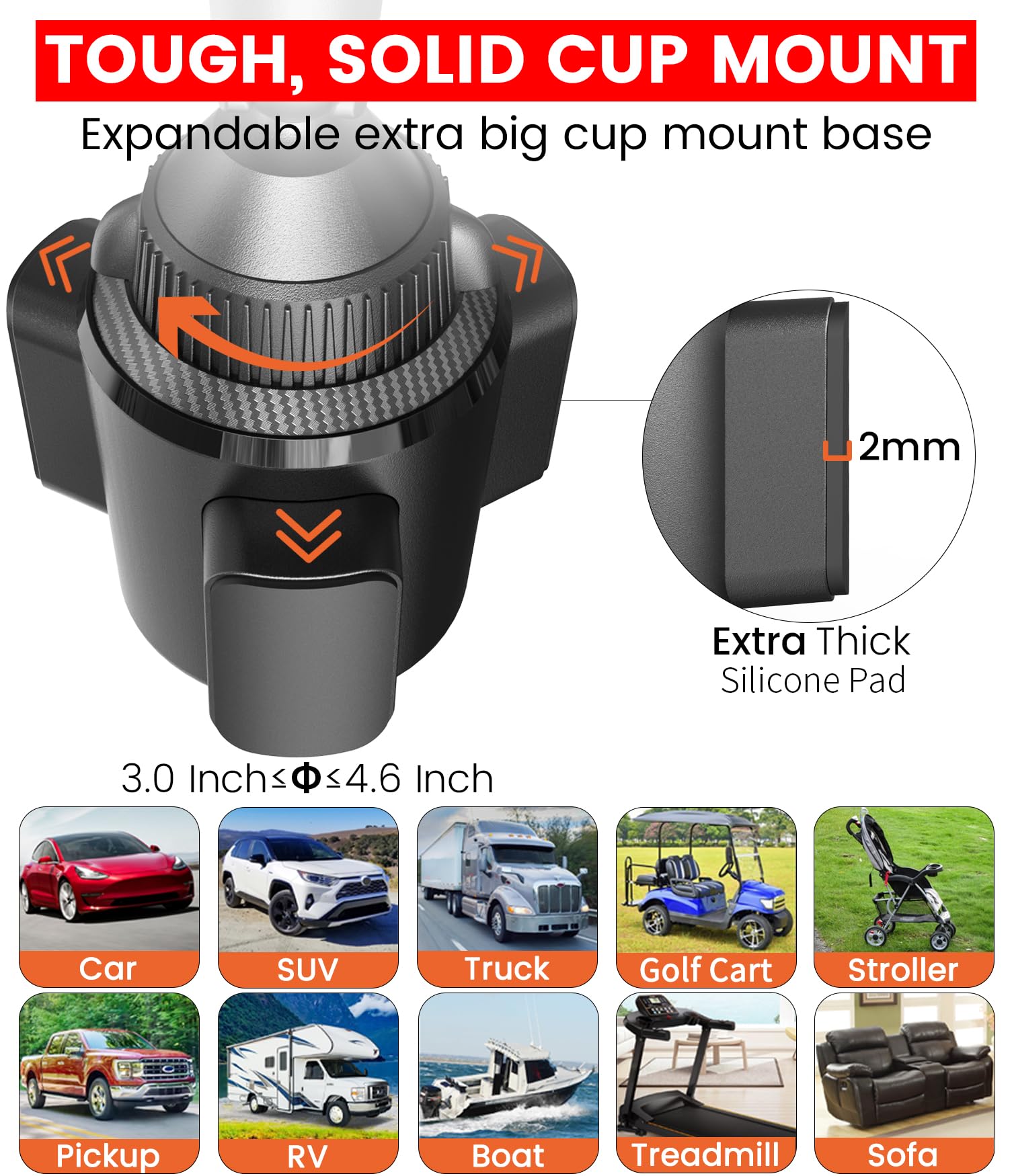Apps2Car Sturdy Cup Phone Holder Mount For Car, Adjustable Height & Reach, Flexible Long Arm With Multi-Ball Pivot, One-Hand Ope