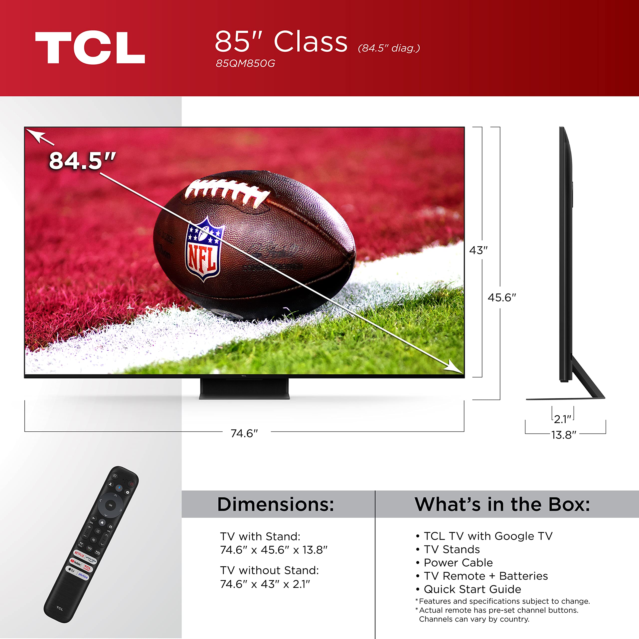 Tcl 85 Inch Qm8 Qled 4K Smart Mini Led Tv With Google (85Qm850G, 2023 Model) Dolby Vision, Atmos, Hdr Ultra, Game Accelerator Up