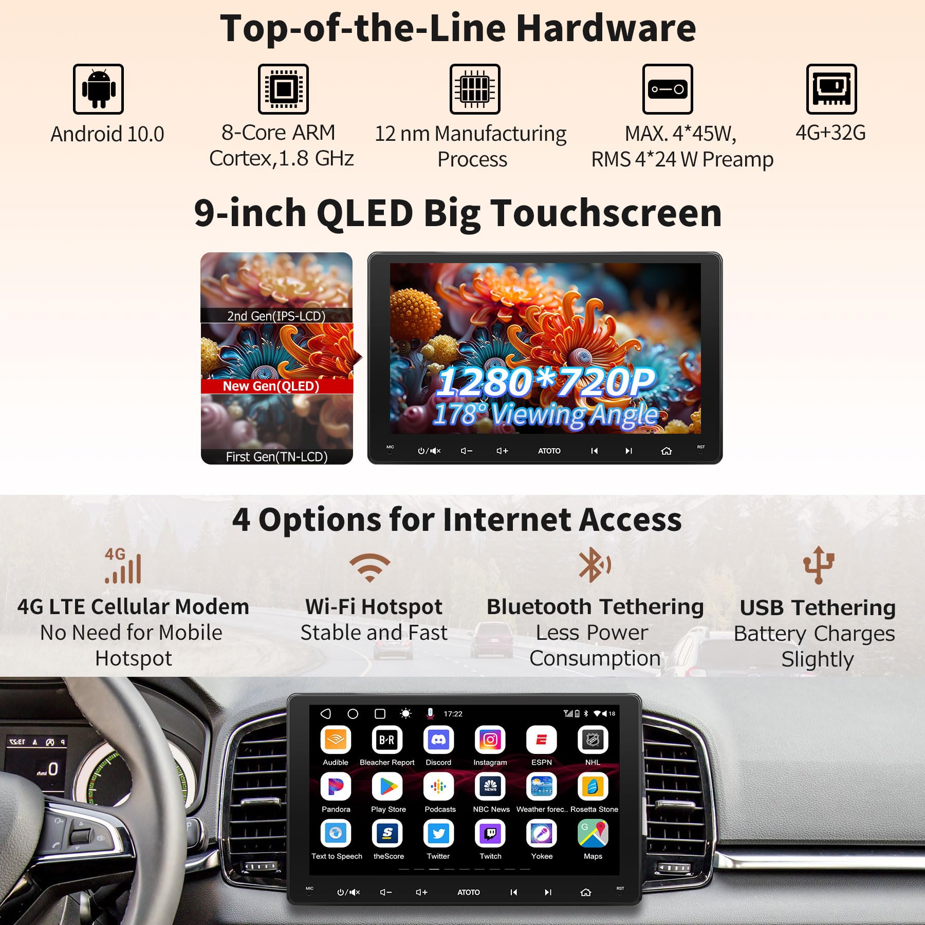 Atoto S8 Ms 9'' Qled 1280 * 720 Android In Dash Navigation, Double Din Car Stereo, Wireless Android Auto & Wireless Carplay, Gps