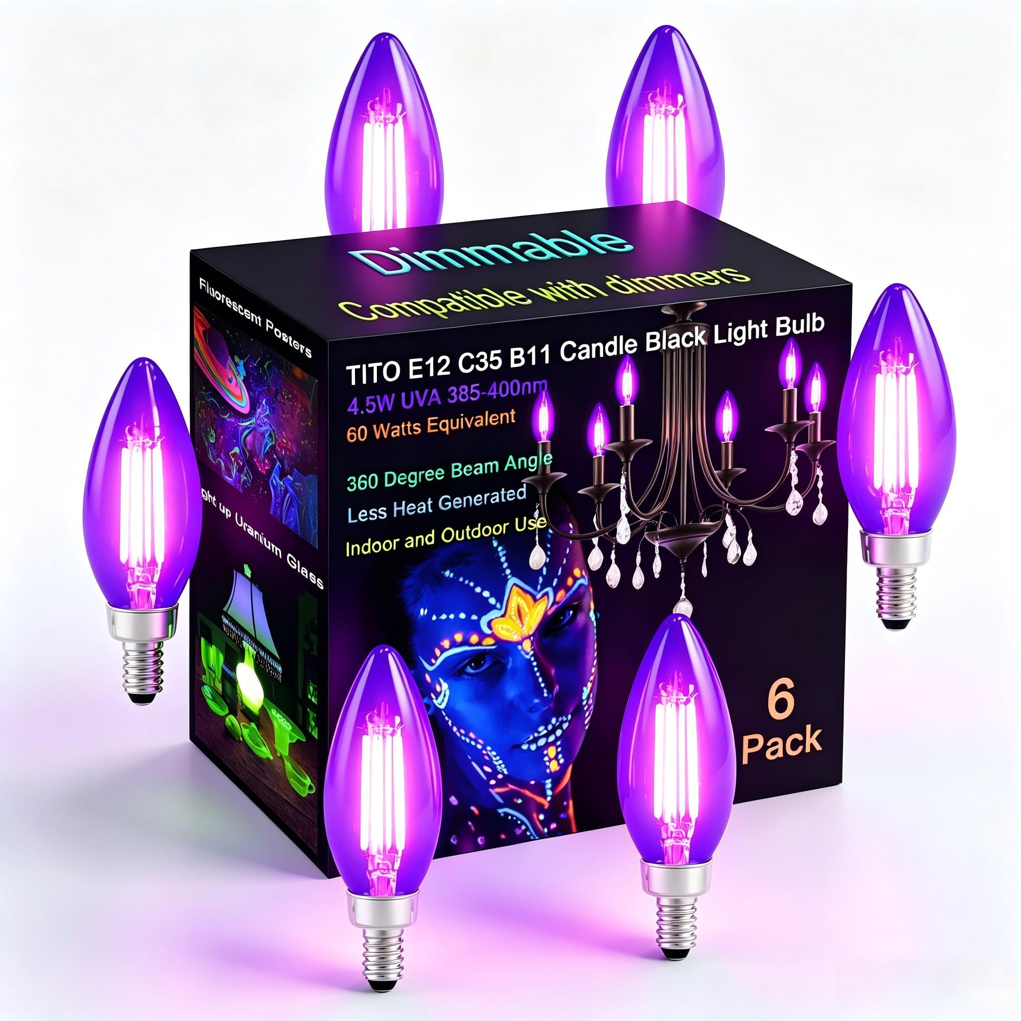 TITO 6 Pack E12 B11 Dimmable Filament LED Candle Black Light Bulbs, UVA 395nm 4.5W Candelabra Black Light Bulb, 60W Blacklight B