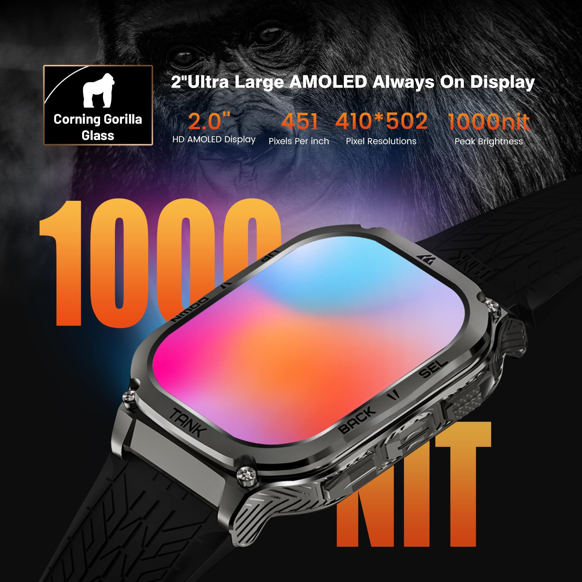 Amaztim Smart Watch, 60 Days Extra Long Battery, 5Atm Waterproof Swimming Diving, Full Metal Military Grade, Answer/Make Call, 2' Amoled Display, Health Monitor Compatible For Iphone And Android