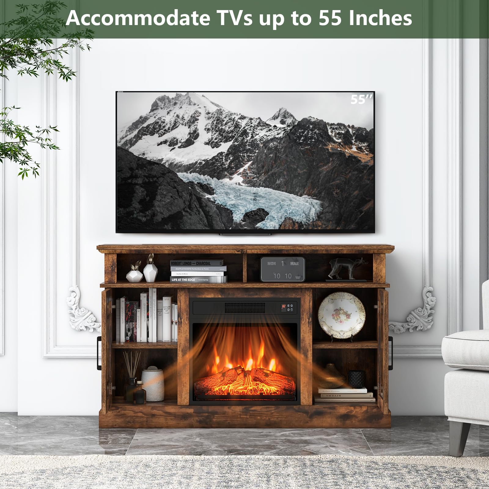 Simoe Fireplace Tv Stand For 55 Tv, 48 Inch Stand With 18 Inch Electric Fireplace Heater, Mondern Console W/Cabinets & Doors, 6H