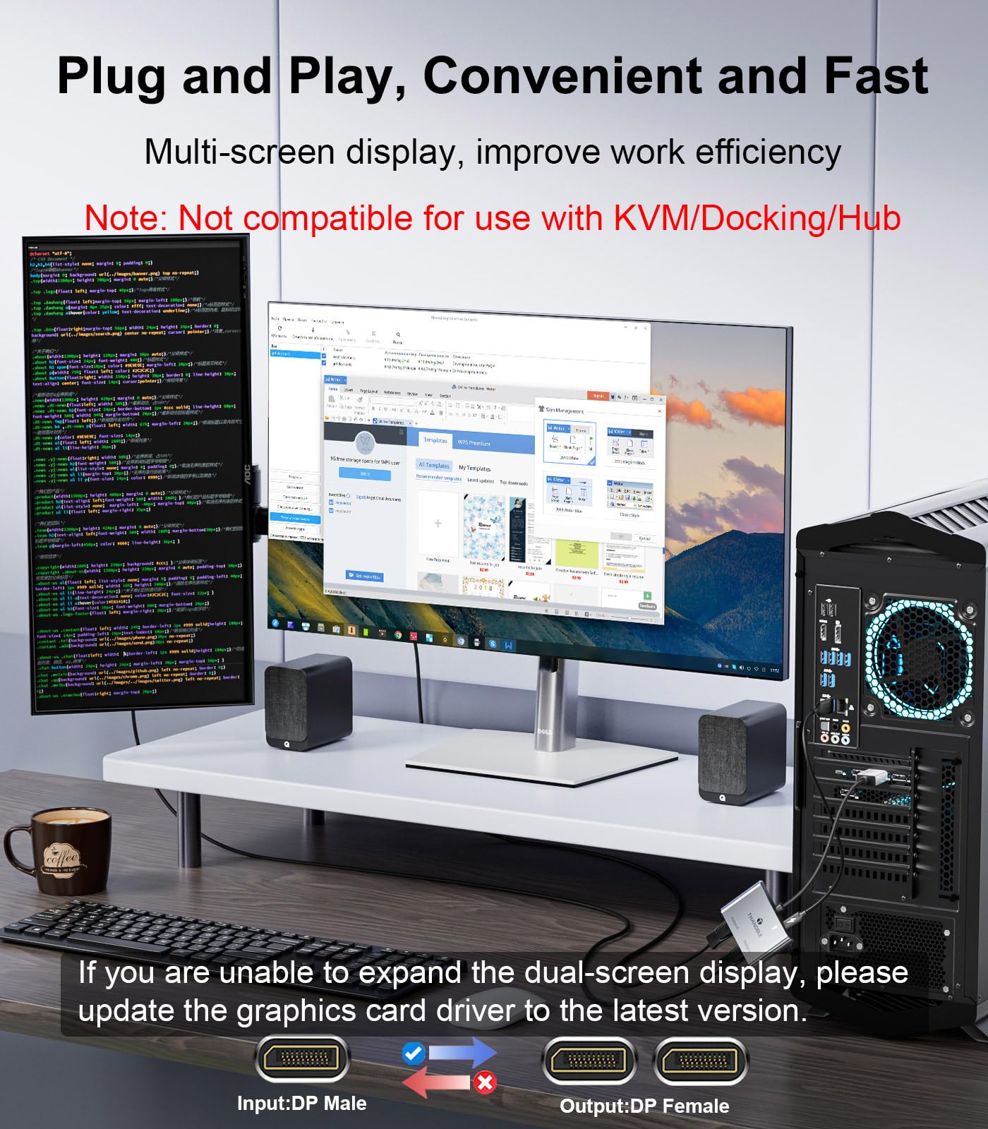 Thandble Displayport To Dual Displayport Adapter (4K@60Hz) Display Port 1 In 2 Out Splitter For Dual Monitor Extended Display, M