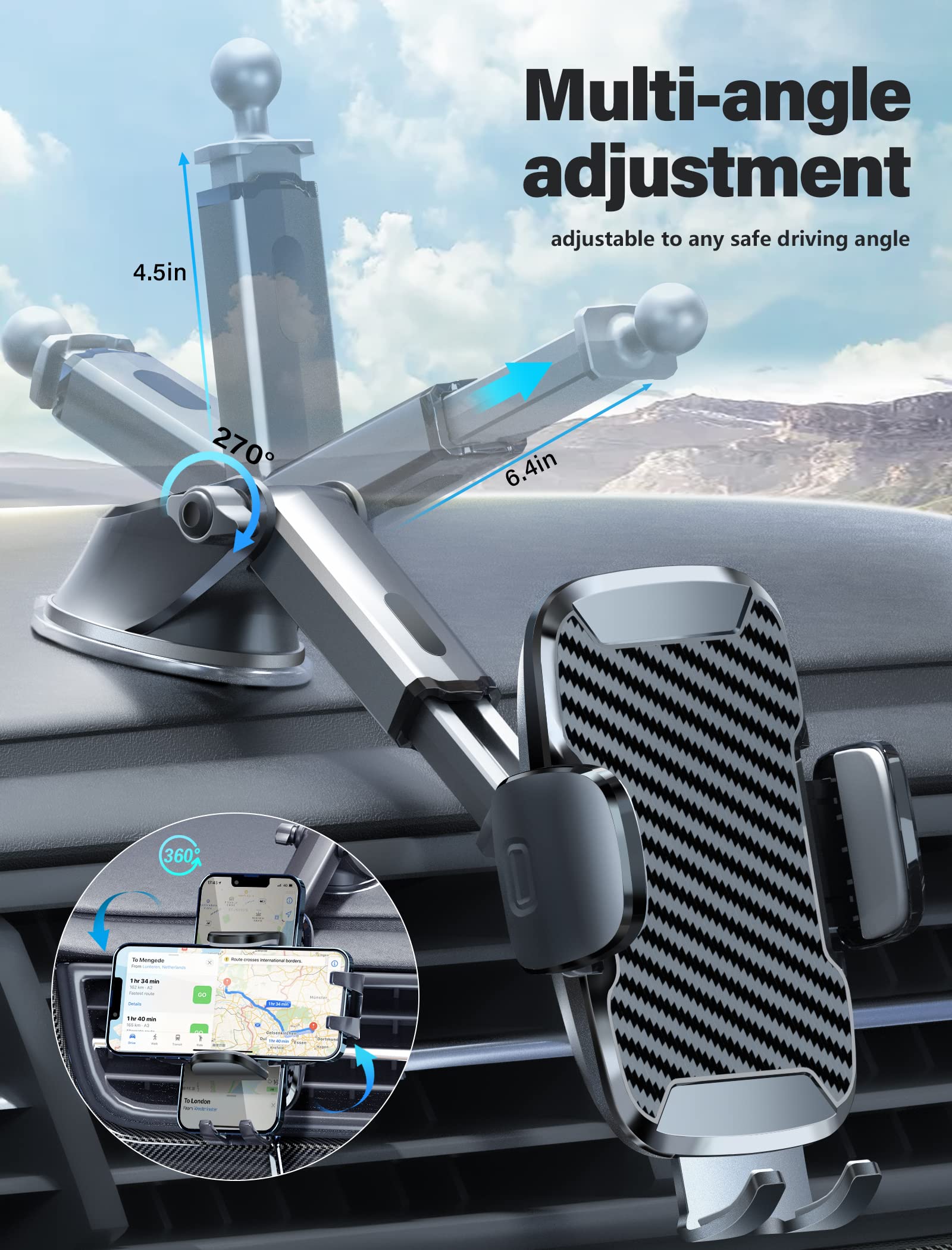 Phone Holder Mount For Car [Strong Suction] Hands Free Universal   Cell Phone Mounts For Dashboard/Windshield, 360    Rotation E