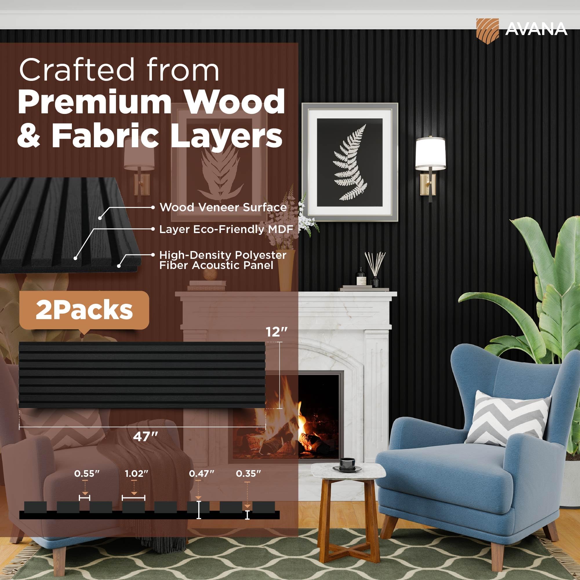 Avana Modern Acoustic Wood Wall Panels   47.2 X 12.6 Inch Black Oak Acoustic 2 Pcs   Wall Panels For Interior Wall Decor For Hom
