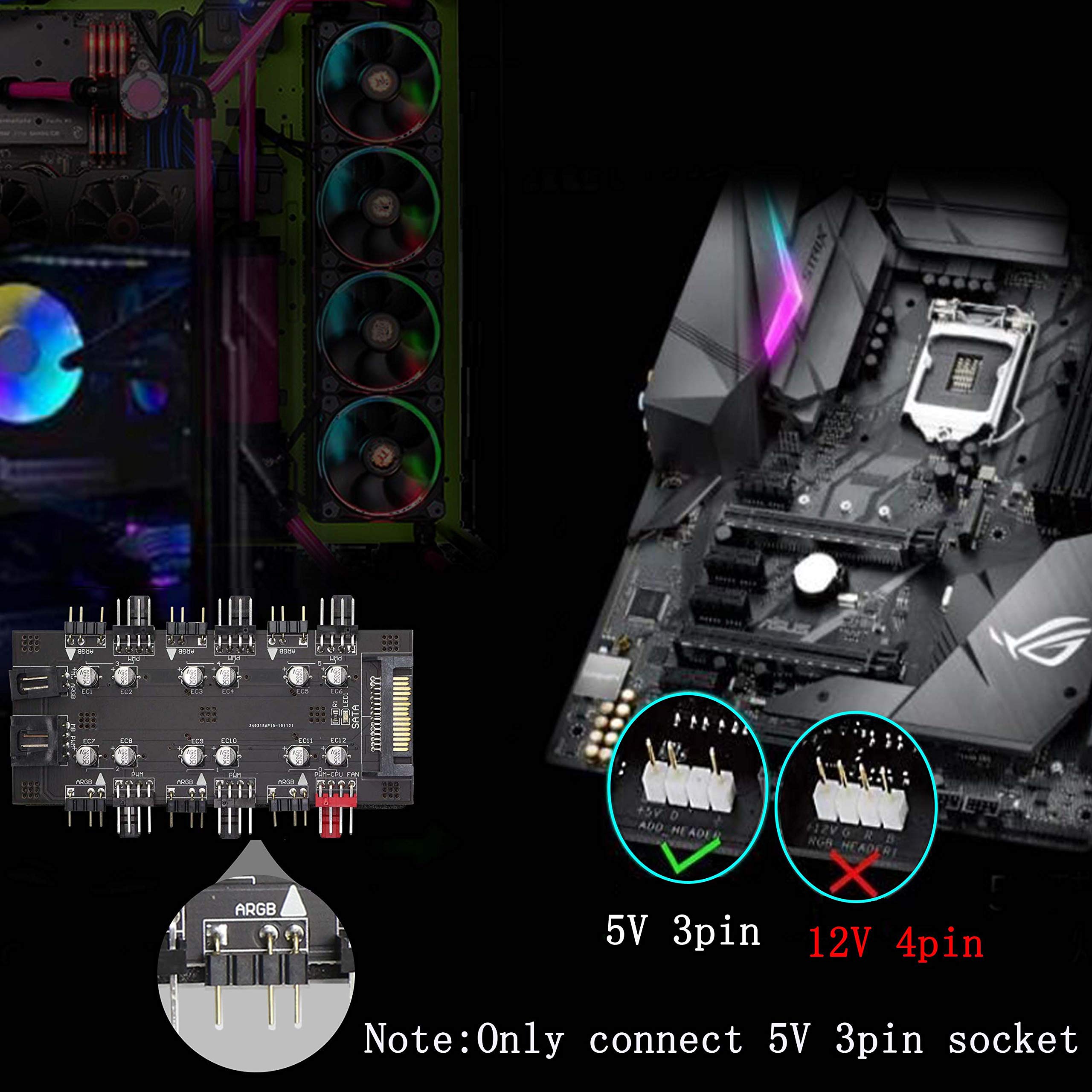 XMSJSIY 12V 4Pin PWM & 5V 3Pin ARGB Hub - 6 Way Sync CPU Cooling Fan Splitter for Desktop Motherboards, Black