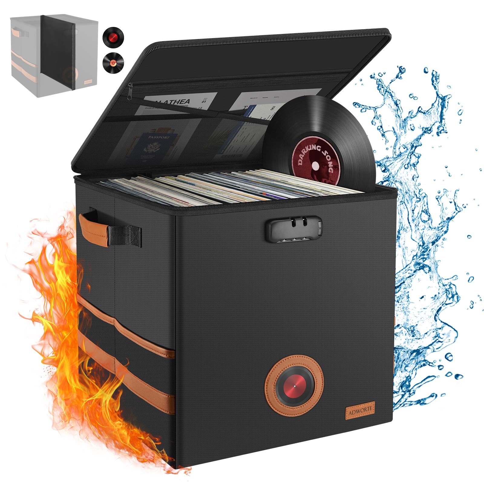 Vintage Vinyl Record Storage Box With Lock, Fireproof&Water Resistant Lp Record Storage Crate Holds 100+ Records, Collapsible&St