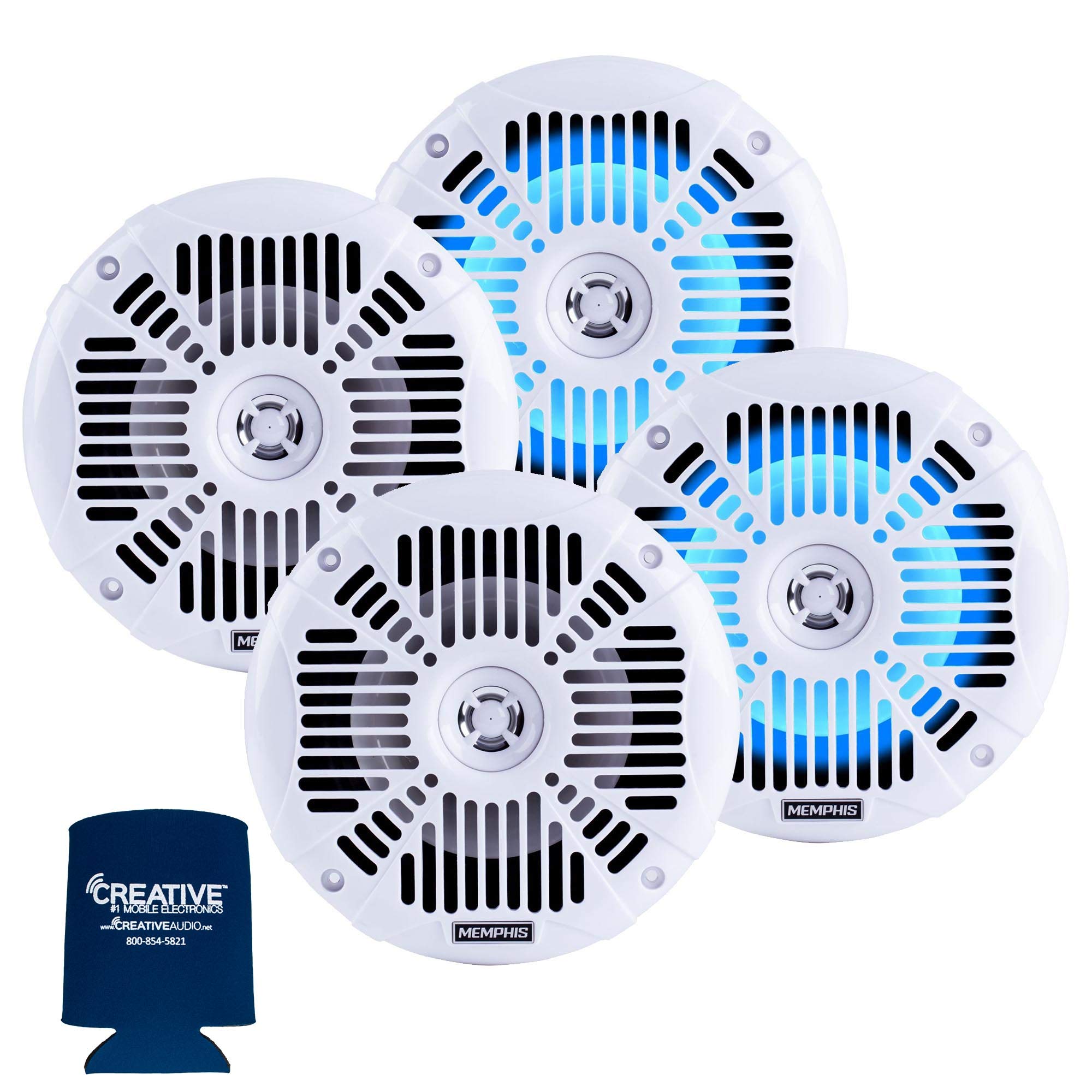 Memphis LED Marine Speaker Pack: 2 Pairs of MXA602SLW 6.5 Marine Grade Coaxial Speakers, White with Blue LED