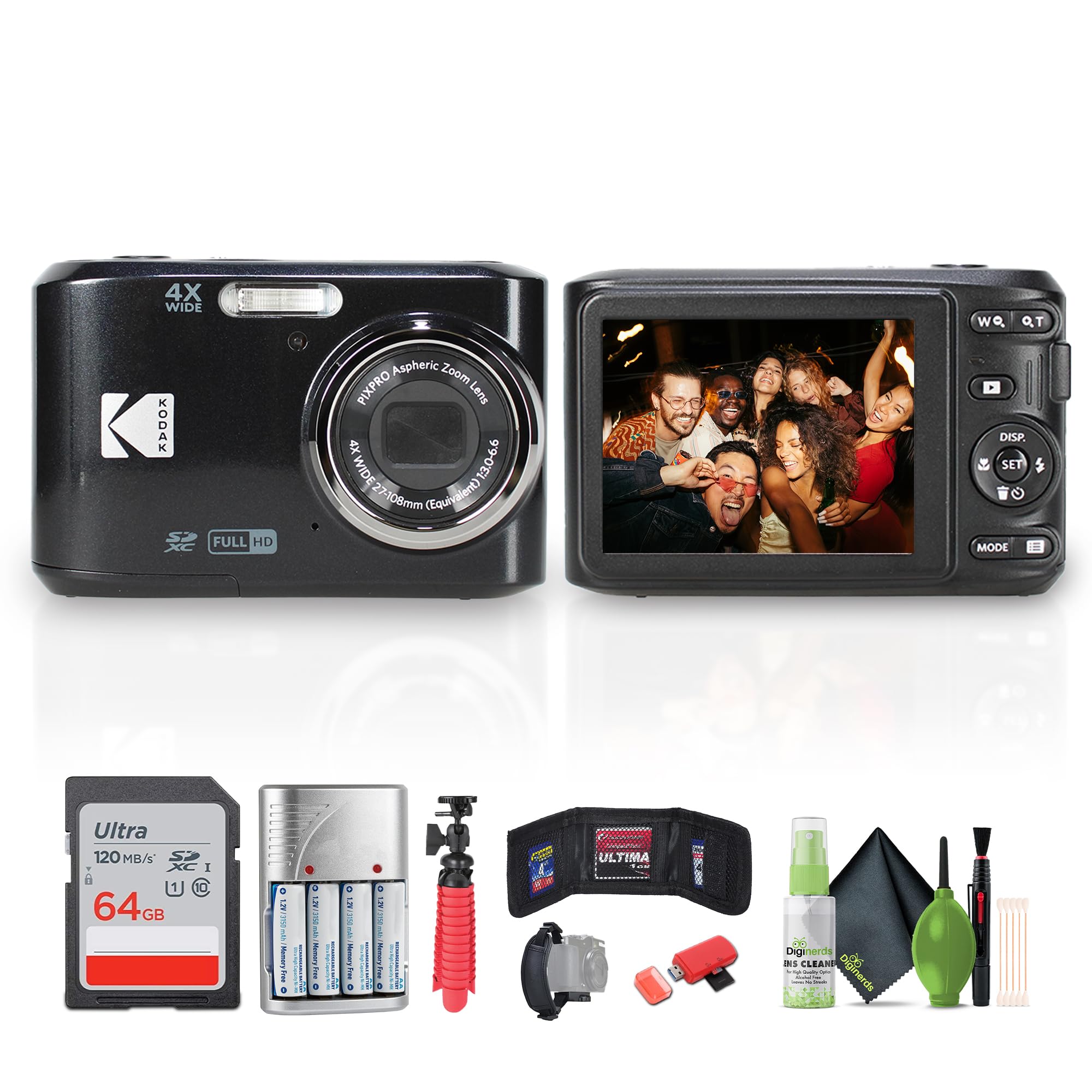 Kodak Pixpro FZ45 Digital Camera (Black) Bundle Including: 64 GB Memory Card, Rechargeable Batteries, Flexible Tripod, Card Read