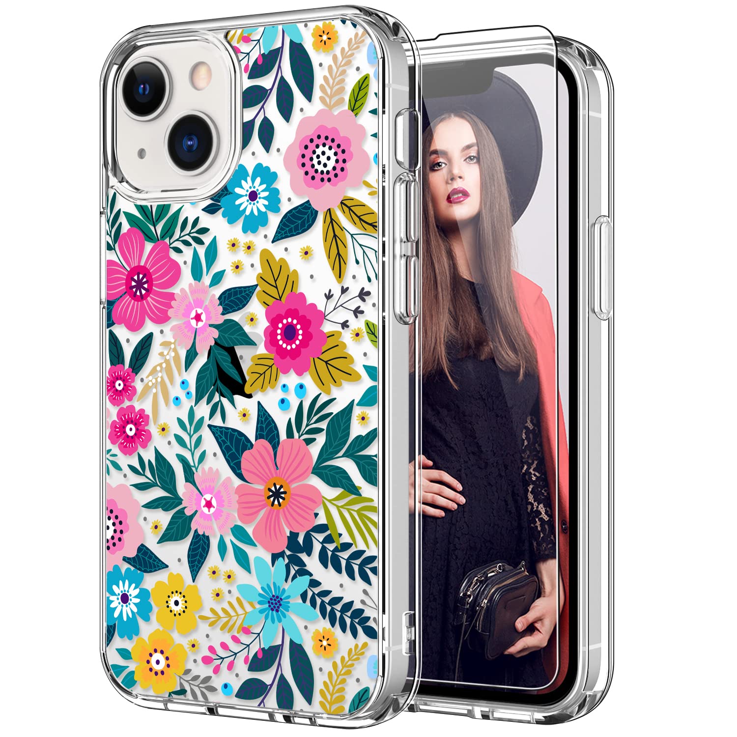 Icedio Iphone 14 Plus Case With Screen Protector,Slim Crystal Clear Cover With Fashion Designs For Girls Women,Durable Protectiv