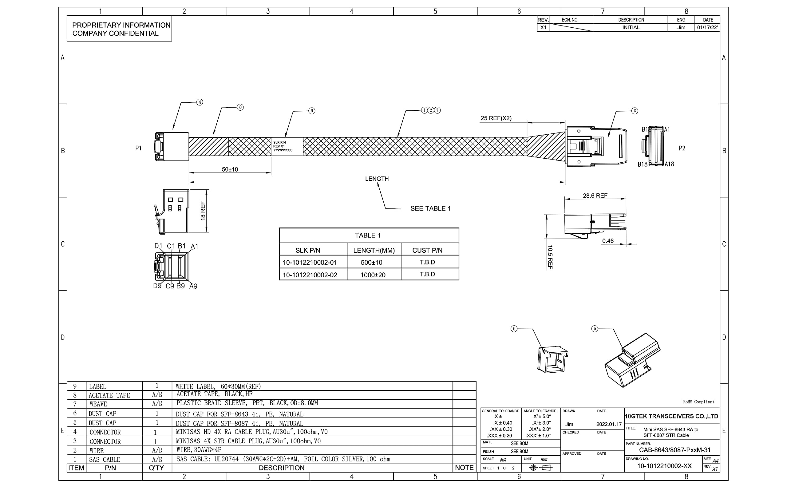 10Gtek# Internal Mini Sas Hd Sff 8643 To Mini Sas Sff 8087 Cable, Right Angle To Straight, 100 Ohms, 0.5 M(1.6Ft)