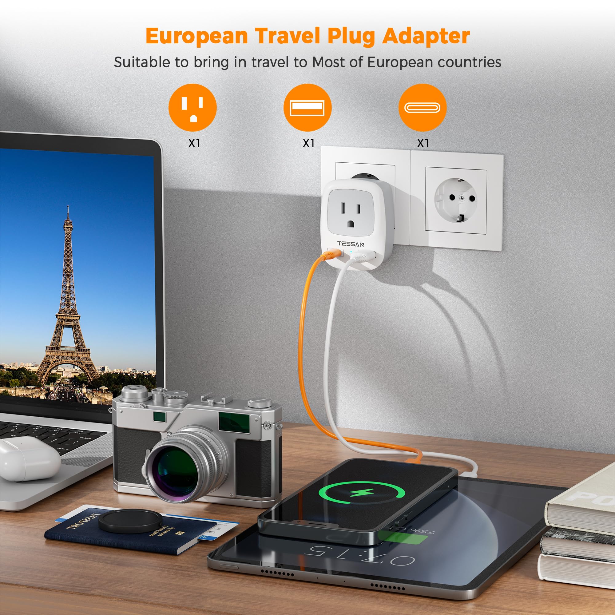 European Travel Plug Adapter, Tessan International Power Plug With 2 Usb Ports (1 Usb C), Type C Travel Adaptor For Us To Most O