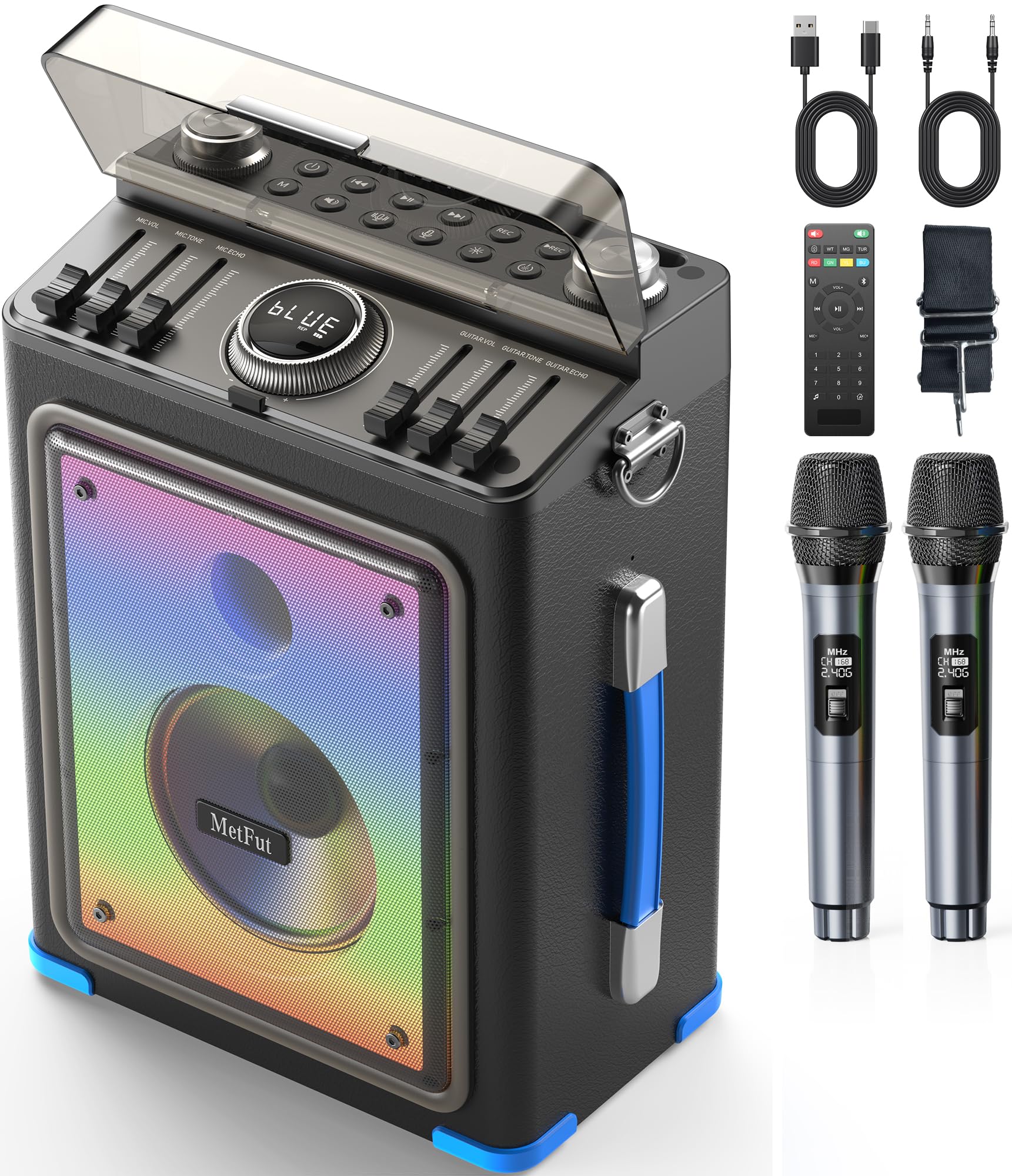 Metfut Professional Karaoke Machine for Adults with Bluetooth 5.3, 2 Wireless Mics, Portable Wooden Speaker PA System with Bass/
