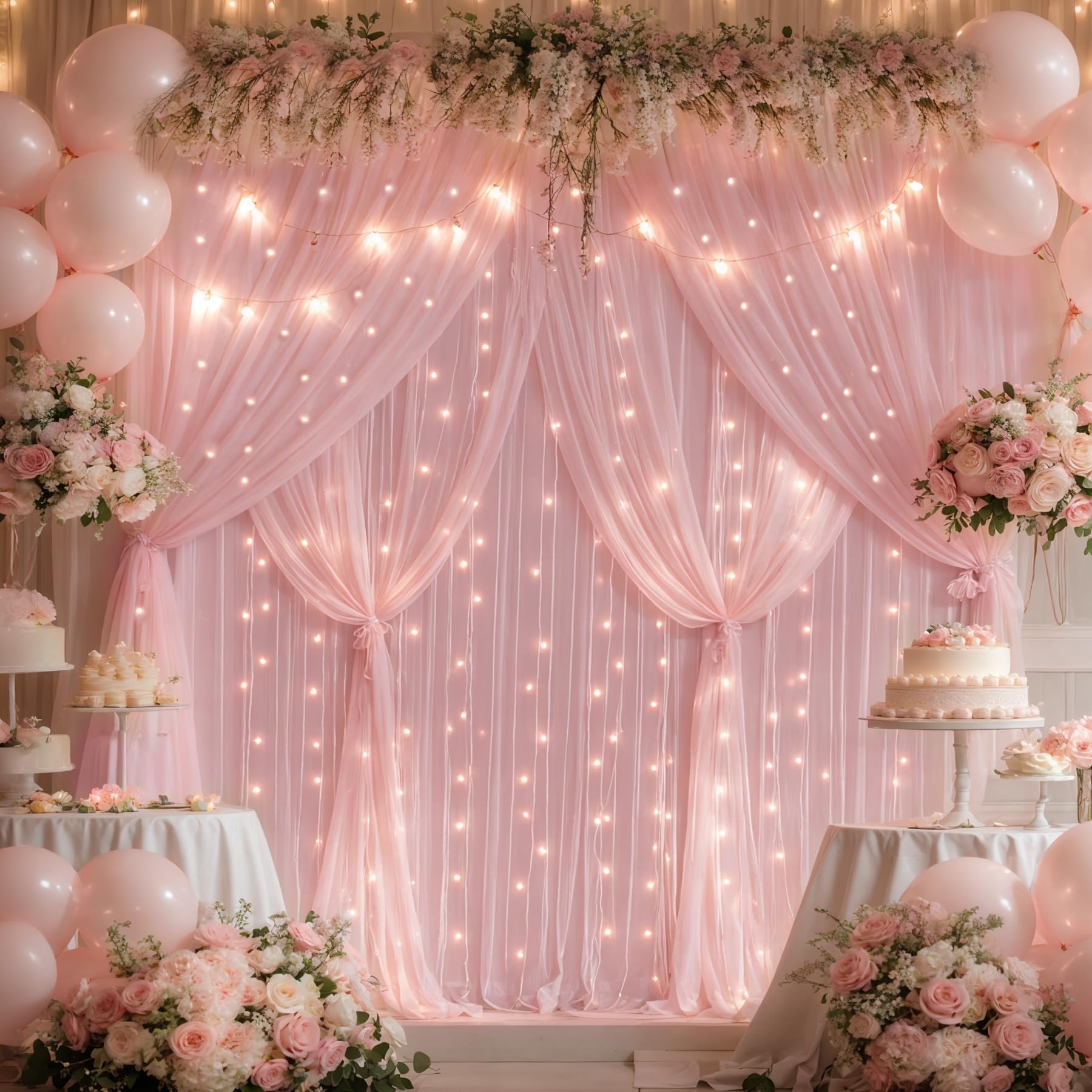 10Ft X 10Ft Pink Sheer Tulle Backdrop Curtains With Lights String For Party Wedding Wrinkle Free Curtain Backdrops Drapes For Ba