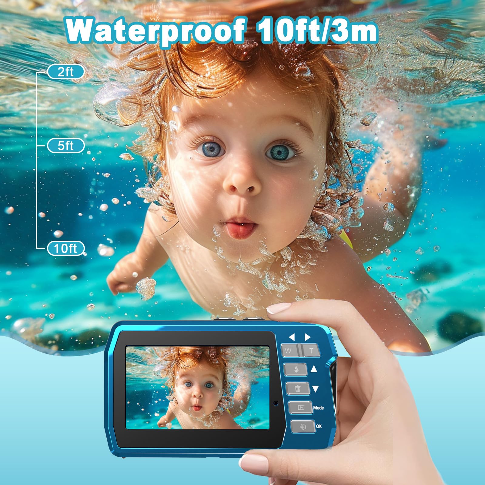 Waterproof Digital Camera, Underwater Camera With 32Gb Card(Installed), 4K Fhd 48Mp Dual Screen Selfie Under Water Camera For Ph