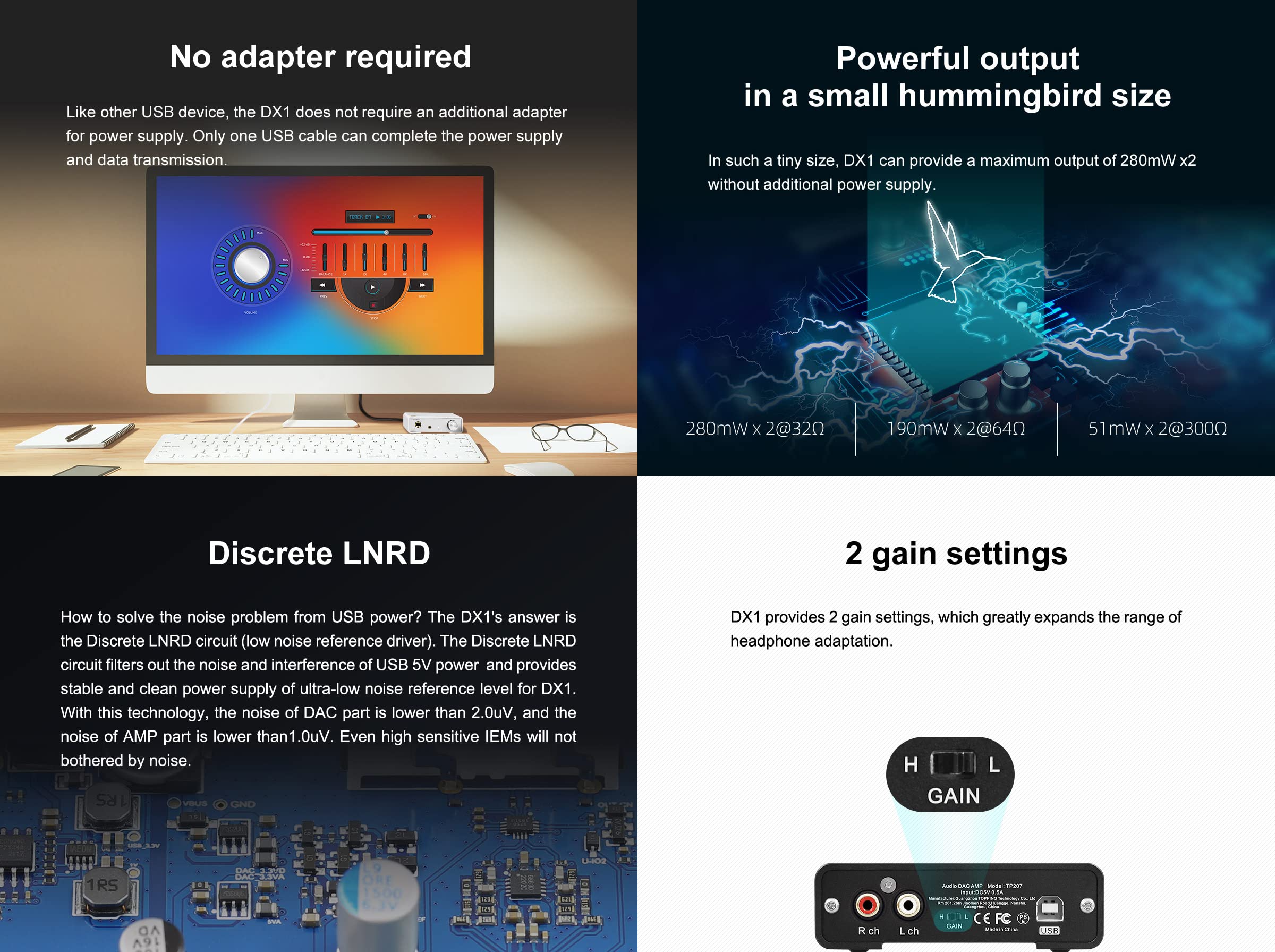 Topping Dx1 Mini Stereo Dac Headphone Amplifier Combo - 280Mw X2 Powerful Output Two-Stage Gain Switch Usb Chargable Discrete Ln