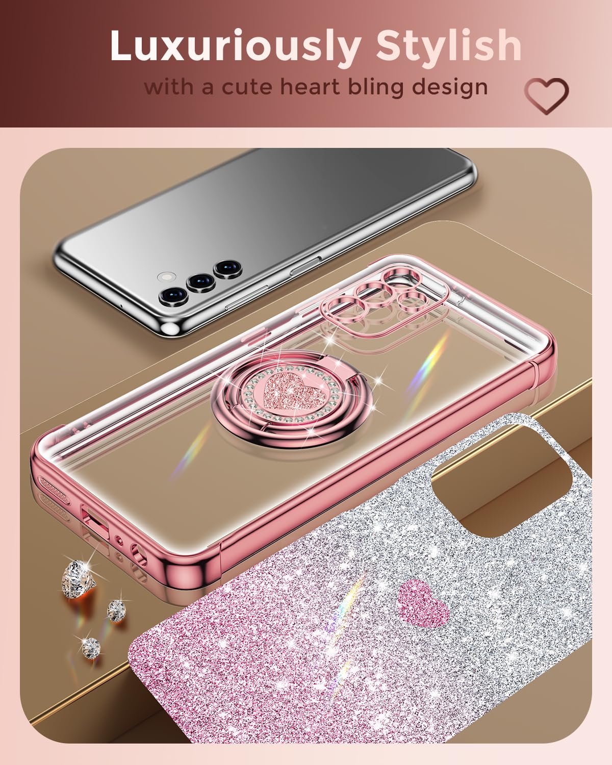 Xyz For Samsung Galaxy A15 5G Case With Stand, Galaxy A15 5G Case With Double Ring, Women Girls Bling Luxury Glitter Clear Phone
