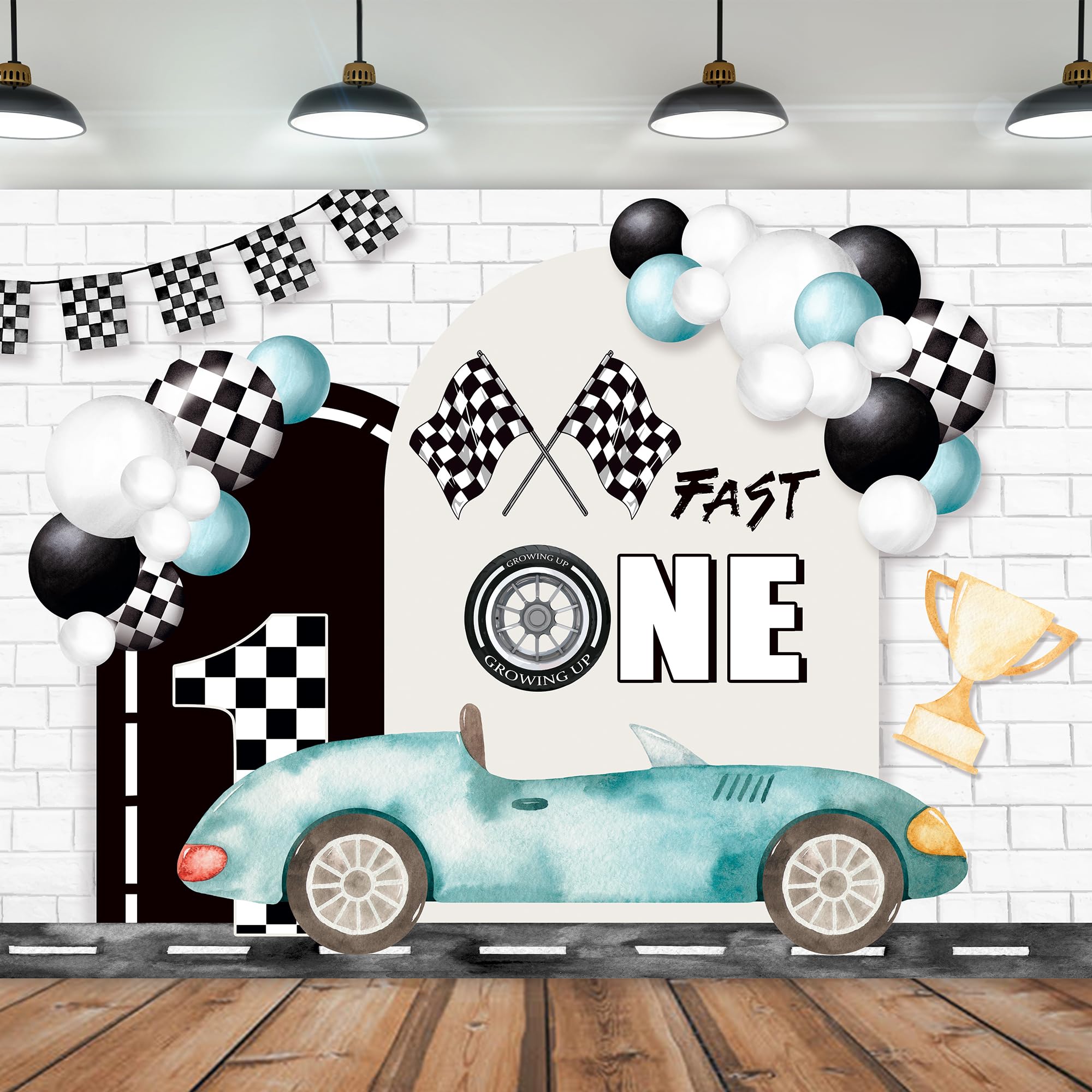 Imirell Fast One 1St Birthday Backdrop 7Wx5H Feet Kids Boys Racing Car Teal Black White Plaid Flag Cool Polyester Fabric Bday Ca