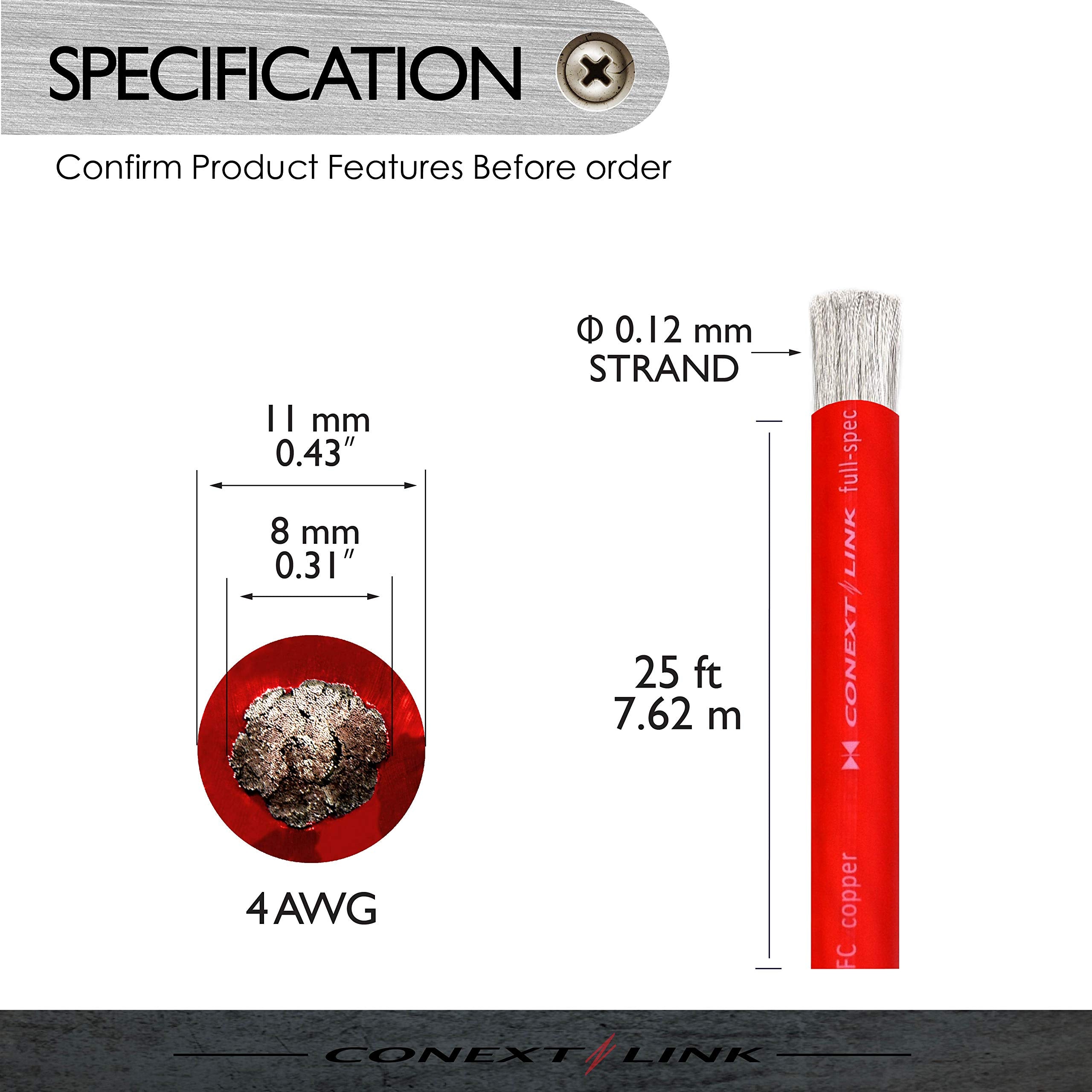 Conext Link 25 Ft 10 Awg Ga Full Gauge Battery Power Cable Ground Wire Frost Red Ofc Copper