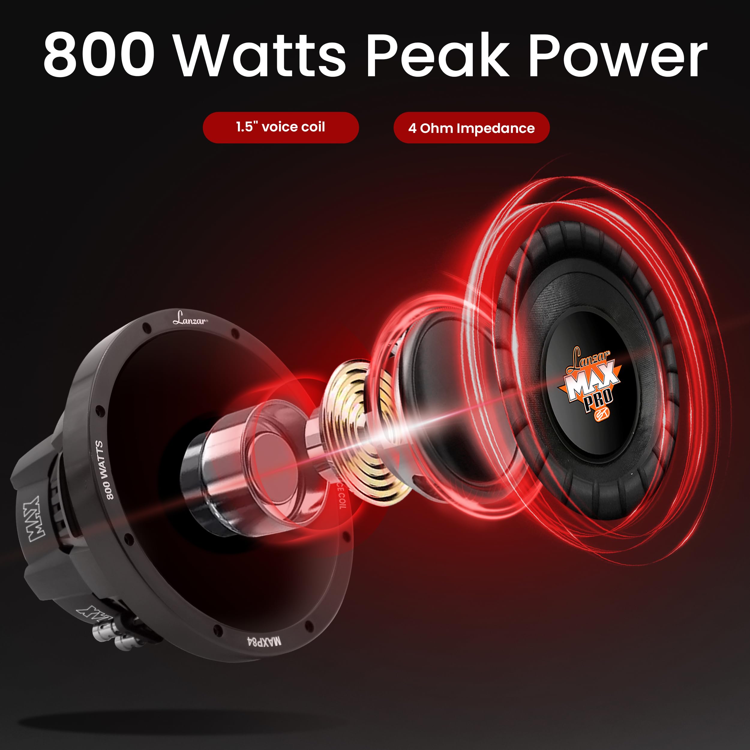 Lanzar 8 Inch Car Subwoofer Speaker - Black Non-Pressed Paper Cone, Aluminum Voice Coil, 4 Ohm Impedance, 800 Watt Power And Foa