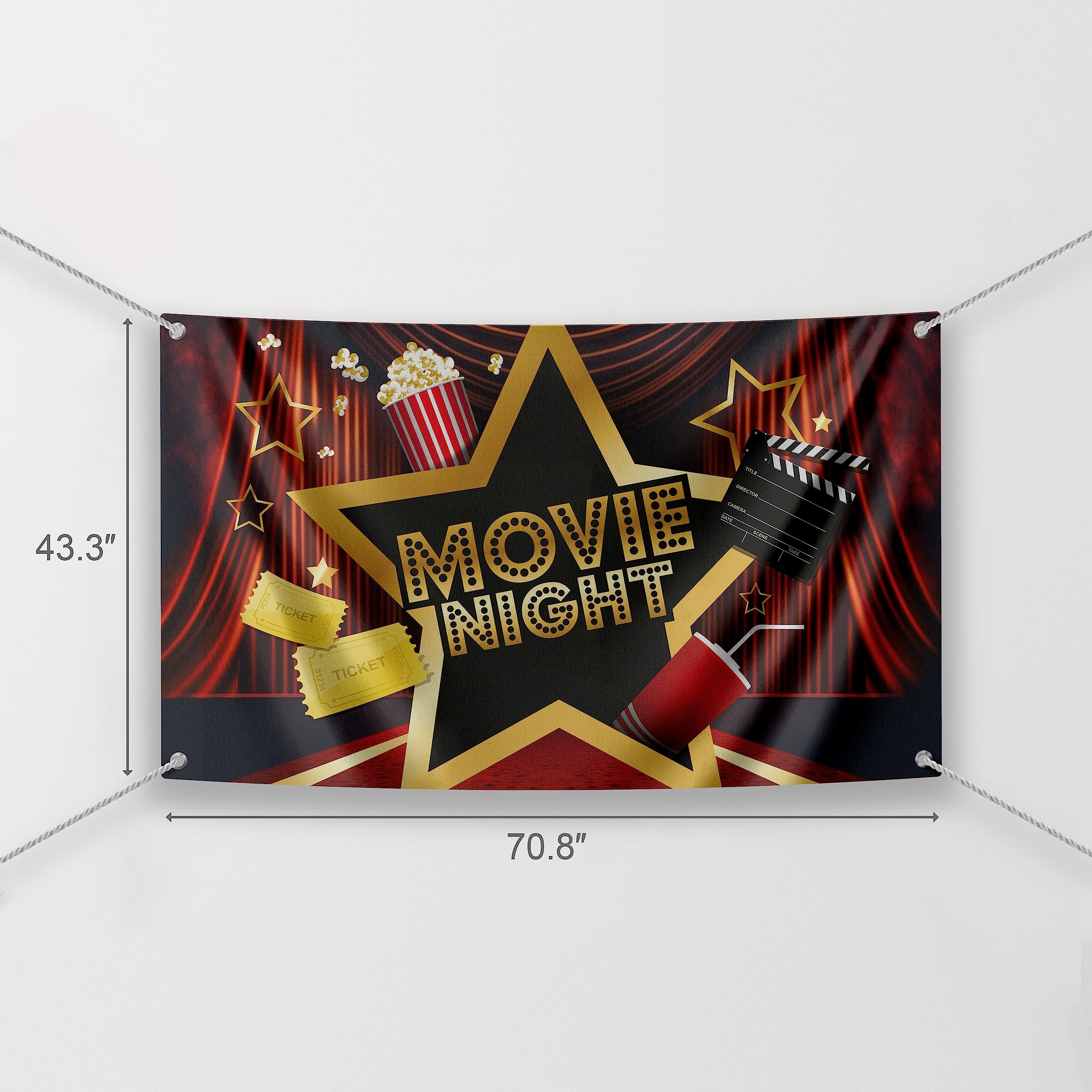 Movie Night Party Backdrop   Cinema Theme Photography Background Birthday Supplies Black Red Banner Showing Hollywood Popcorn Dr
