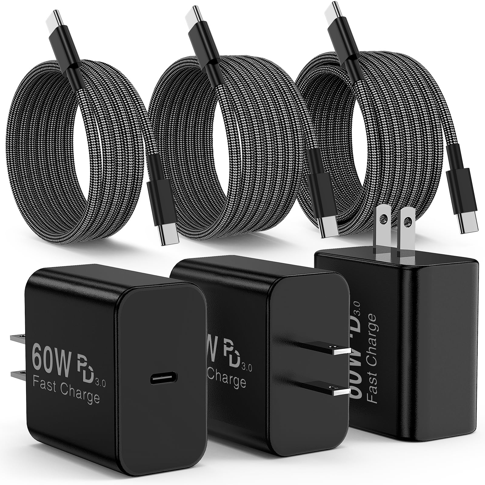60W USBC Super Fast Charger, Braided Cables 3/6/10FT for Galaxy S26 Ultra