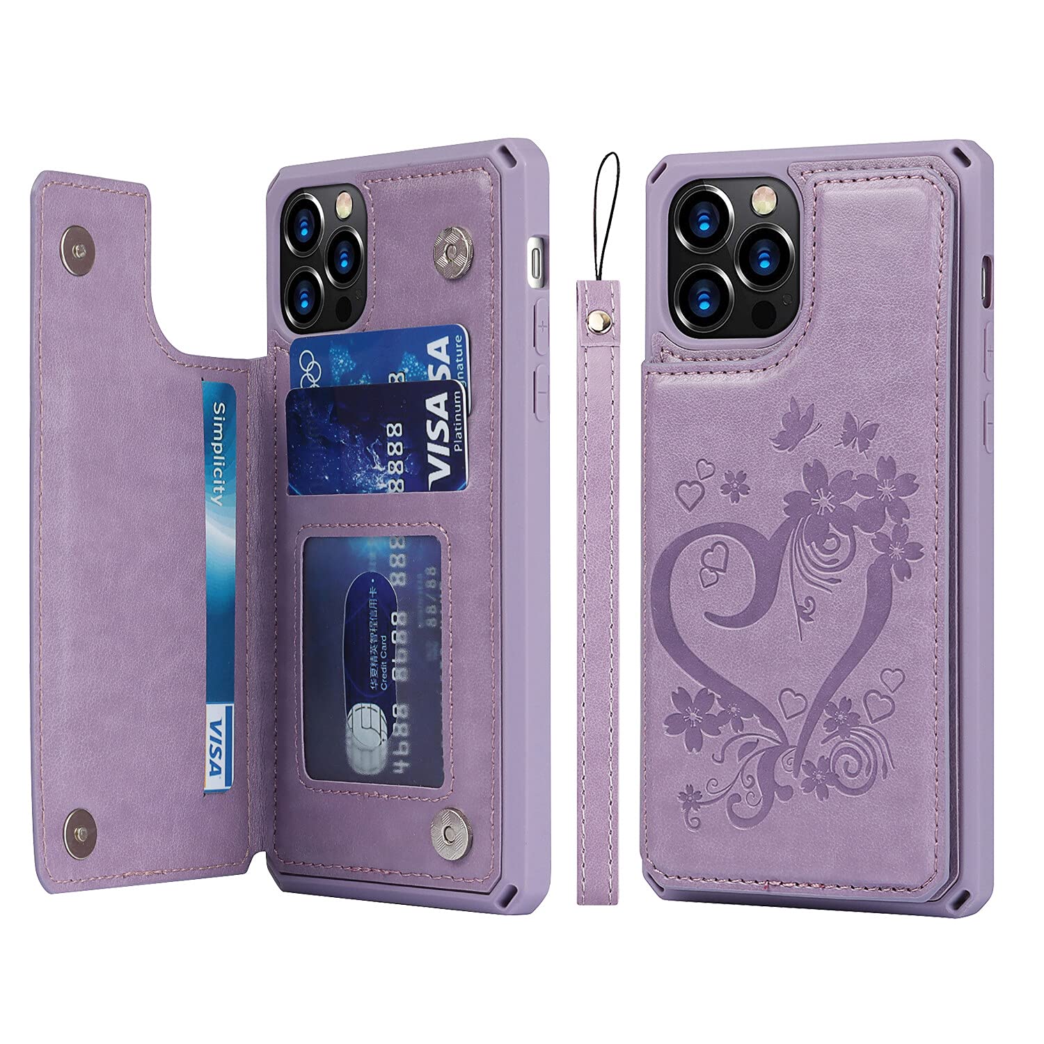 Cavor For Iphone 12/12 Pro Embossed Heart Pattern Flower Pu Leather Wallet Case With Card Holder Shockproof Cover   Purple