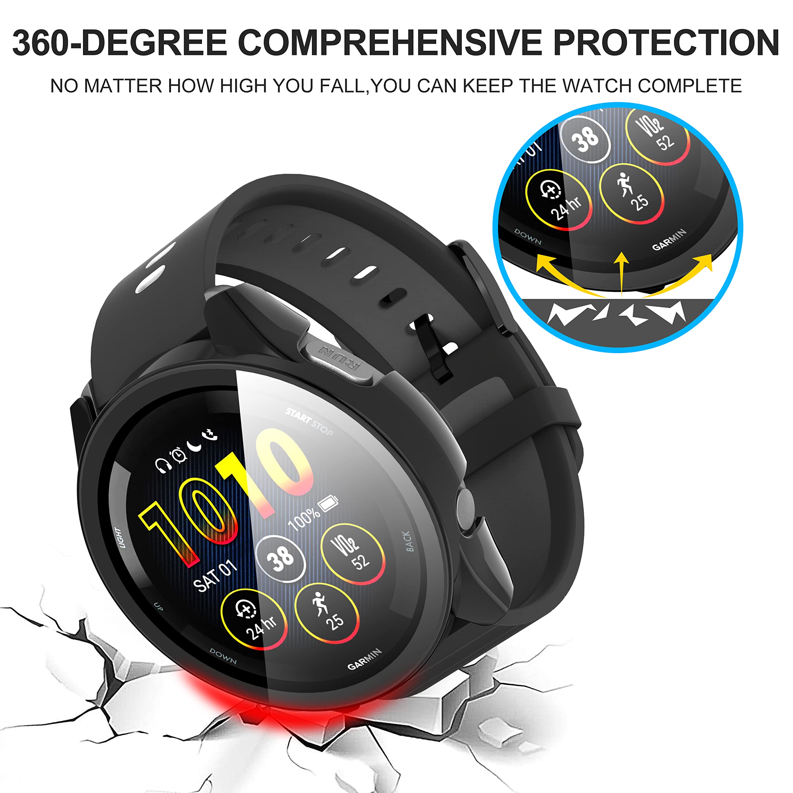 Suoman For Garmin Forerunner 265 Screen Protector Case, Ultra Thin Tempered Glass Full Coverage Case Cover For Garmin Forerunner