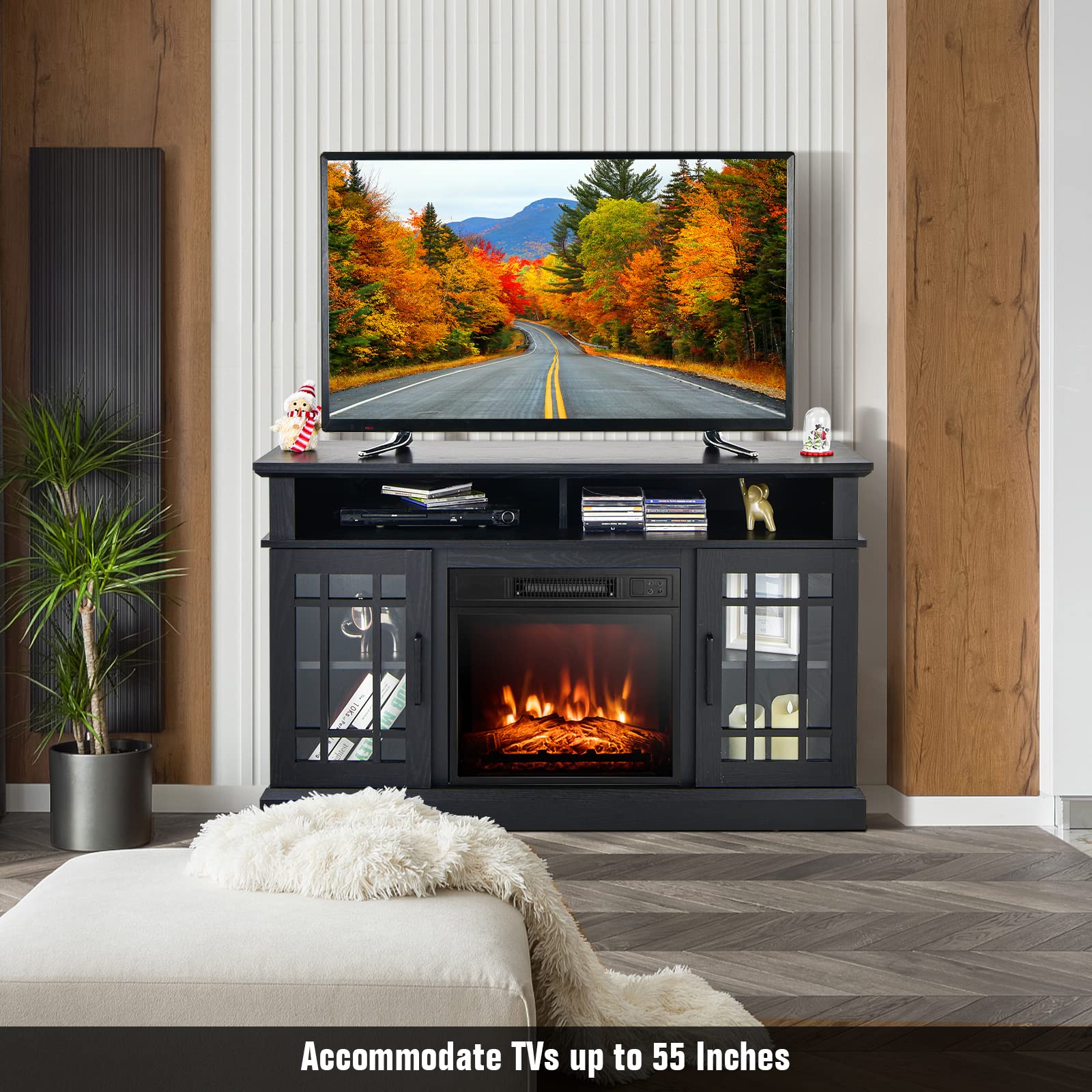 Goflame Fireplace Tv Stand For Tv Up To 55 Inches, Freestanding Wood Entertainment Center With 18    Electric Fireplace, 48'' Tv