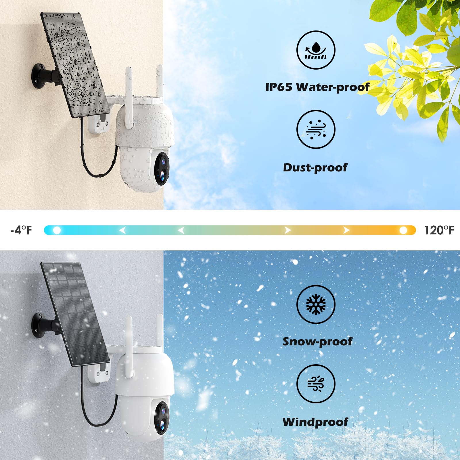 Allweviee 2Packs Solar Security Outdoor Wifi Camera, Pan Tilt 355 View Ip65 Waterproof Rechargeable Wireless Battery Powered 2K