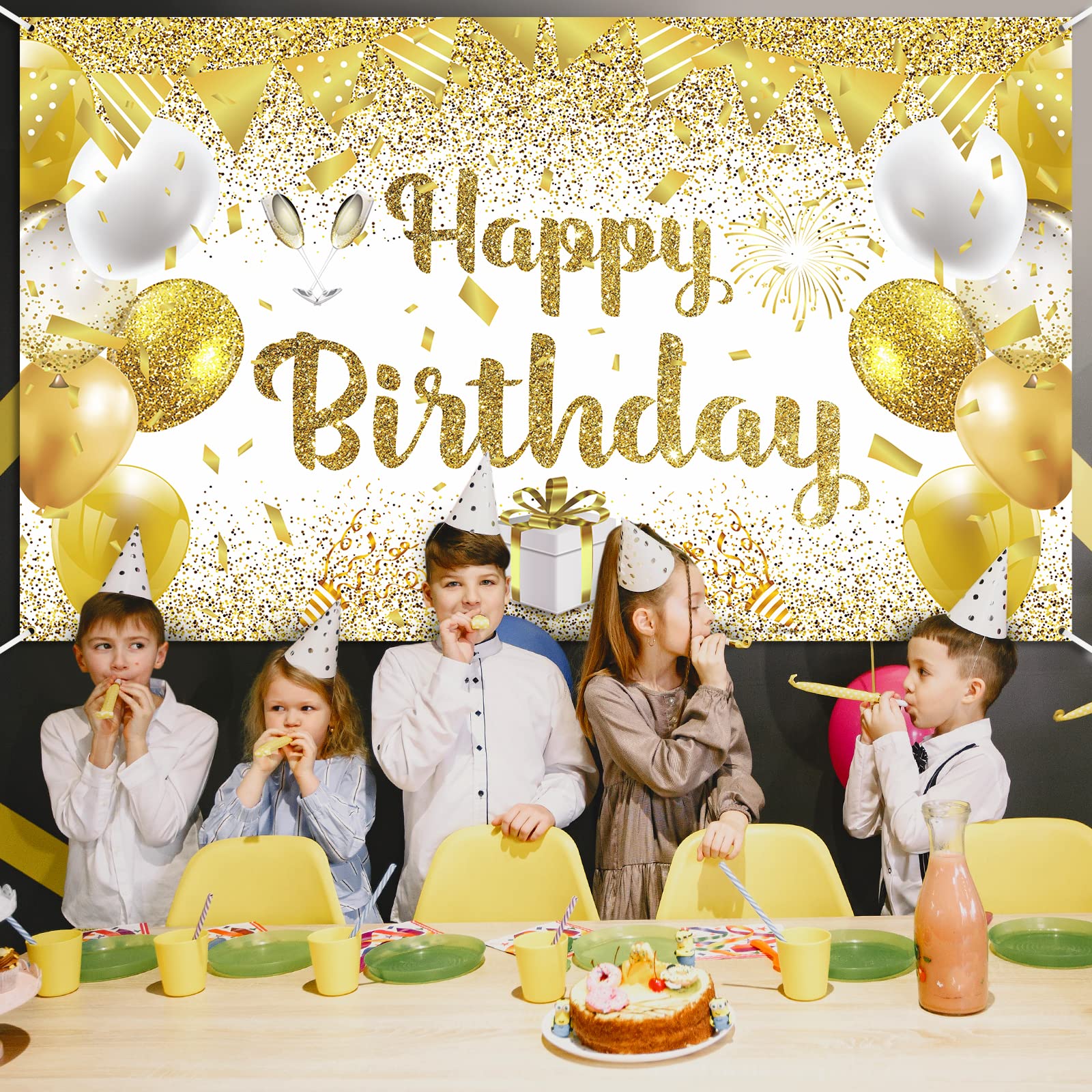 Gold White Birthday Party Decorations Banner, Gold And White Happy Birthday Banner, Large Gold White Birthday Banner Party Decor