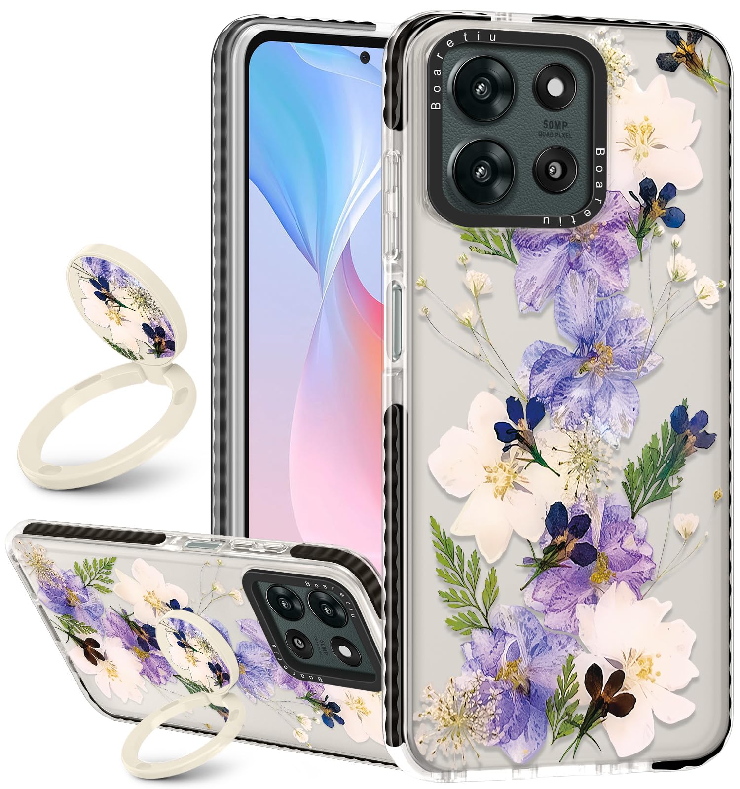 Boaretiu for Motorola Moto G 2025 Case - with Stand Cute Kawaii Fashion 360 Rotate Ring Holder Kickstand Purple Flower for Women